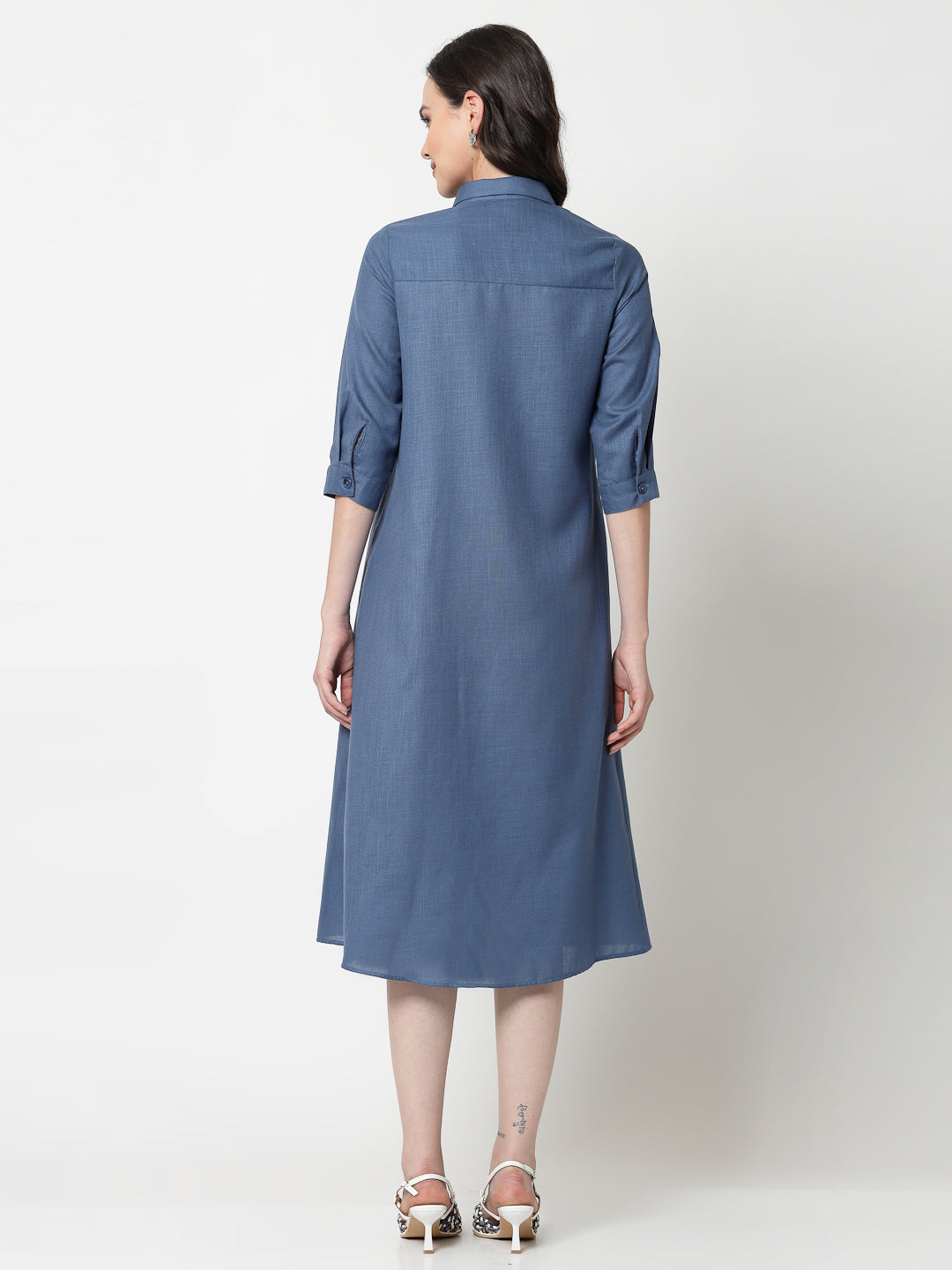 Dark Blue Cotton Pleated Long Dresses for Women-3