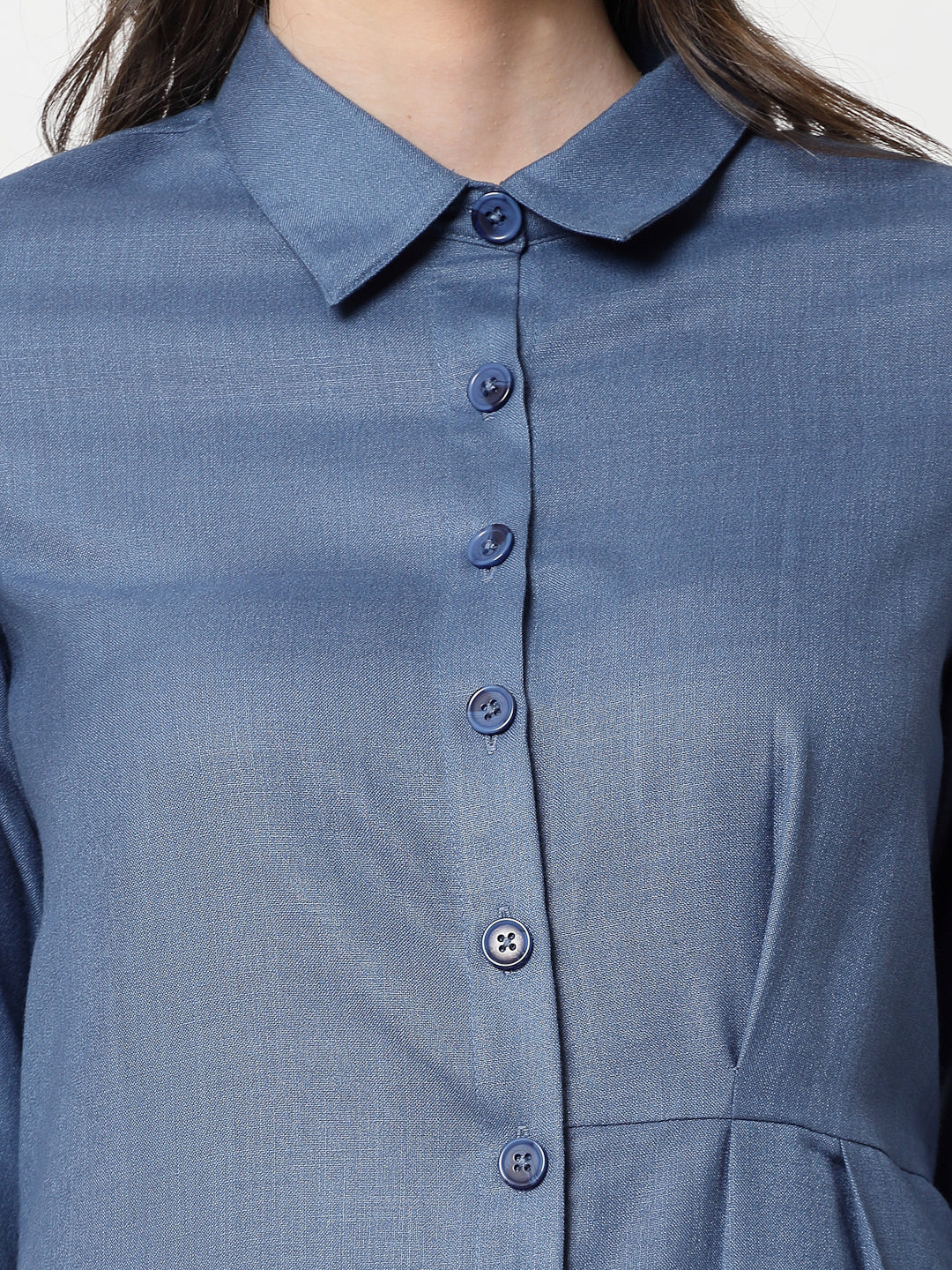 Dark Blue Cotton Pleated Long Dresses for Women-5