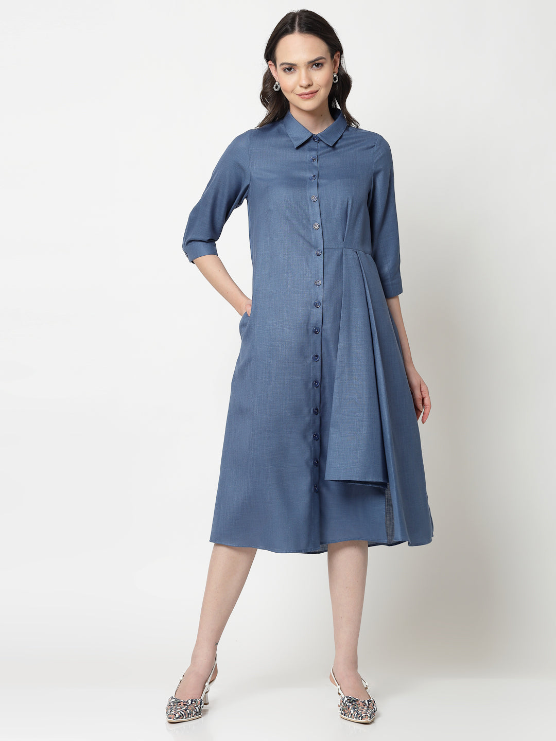 Dark Blue Cotton Pleated Long Dresses for Women-4