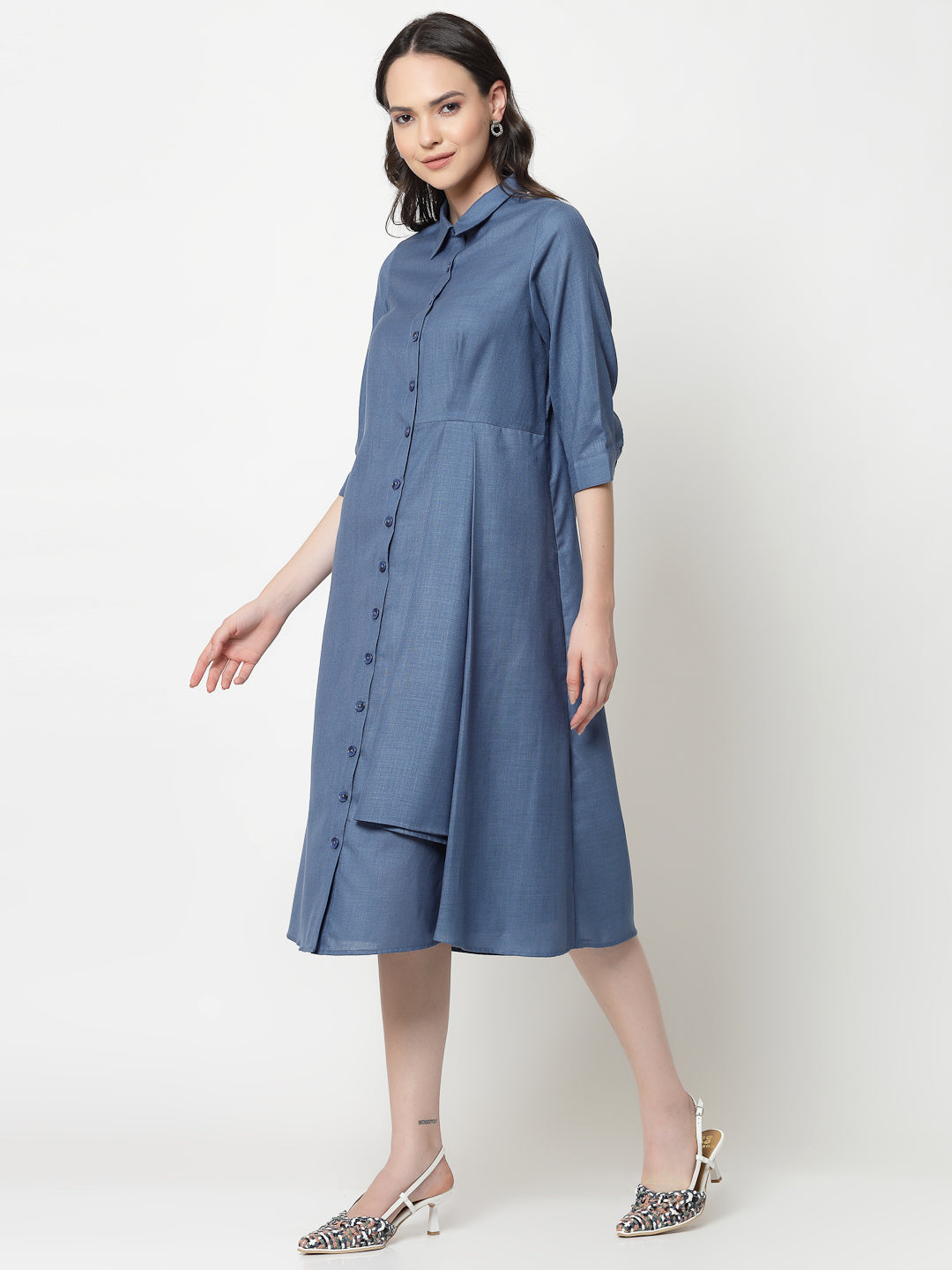 Dark Blue Cotton Pleated Long Dresses for Women-1