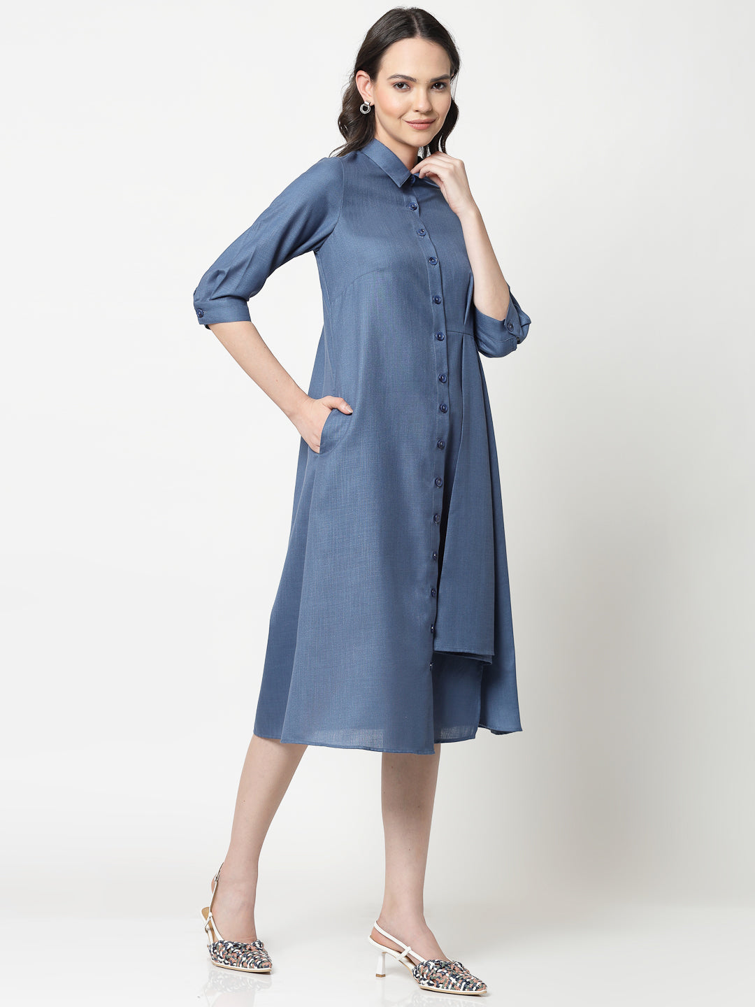Dark Blue Cotton Pleated Long Dresses for Women-2