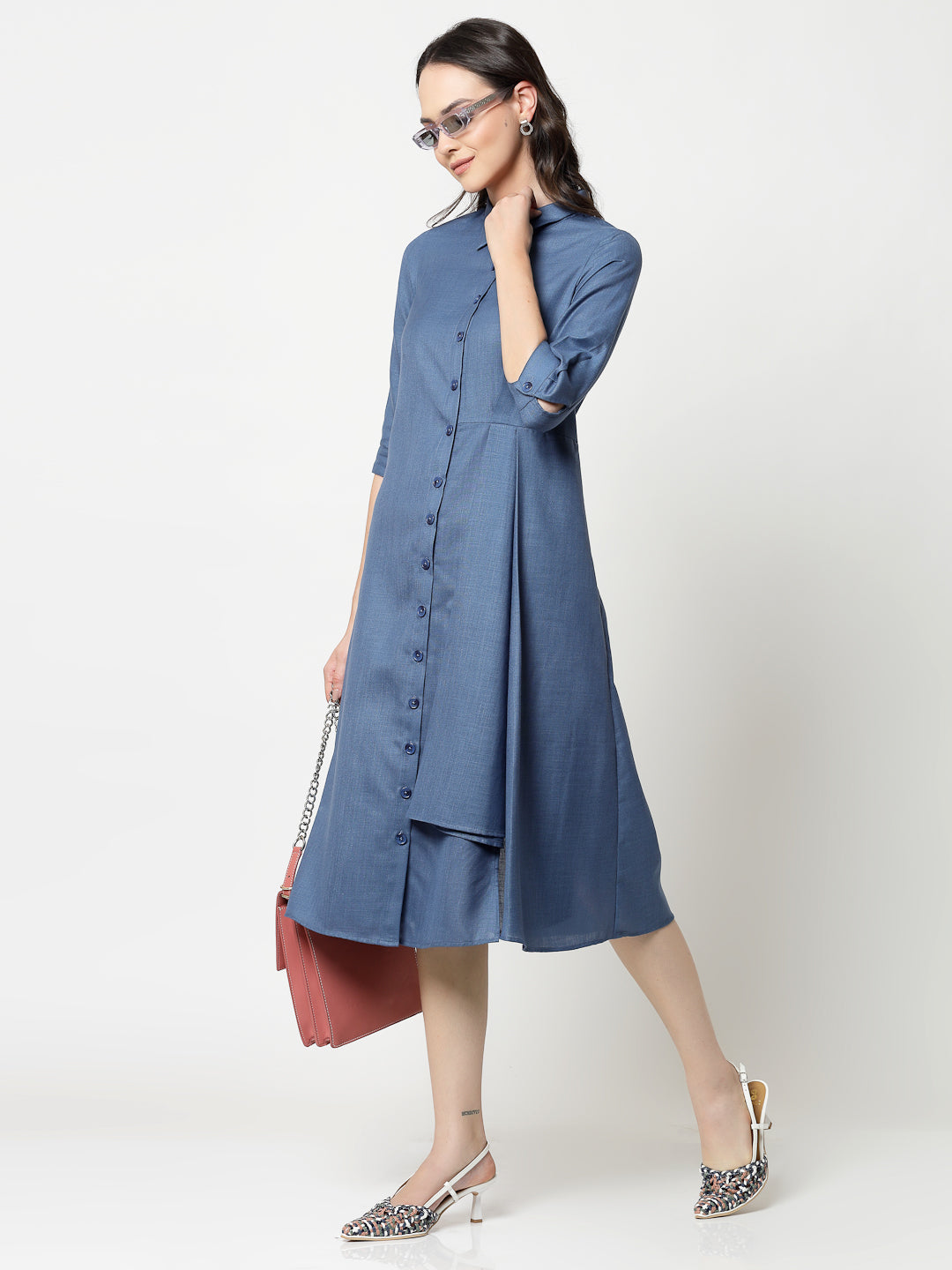 Dark Blue Cotton Pleated Long Dresses for Women