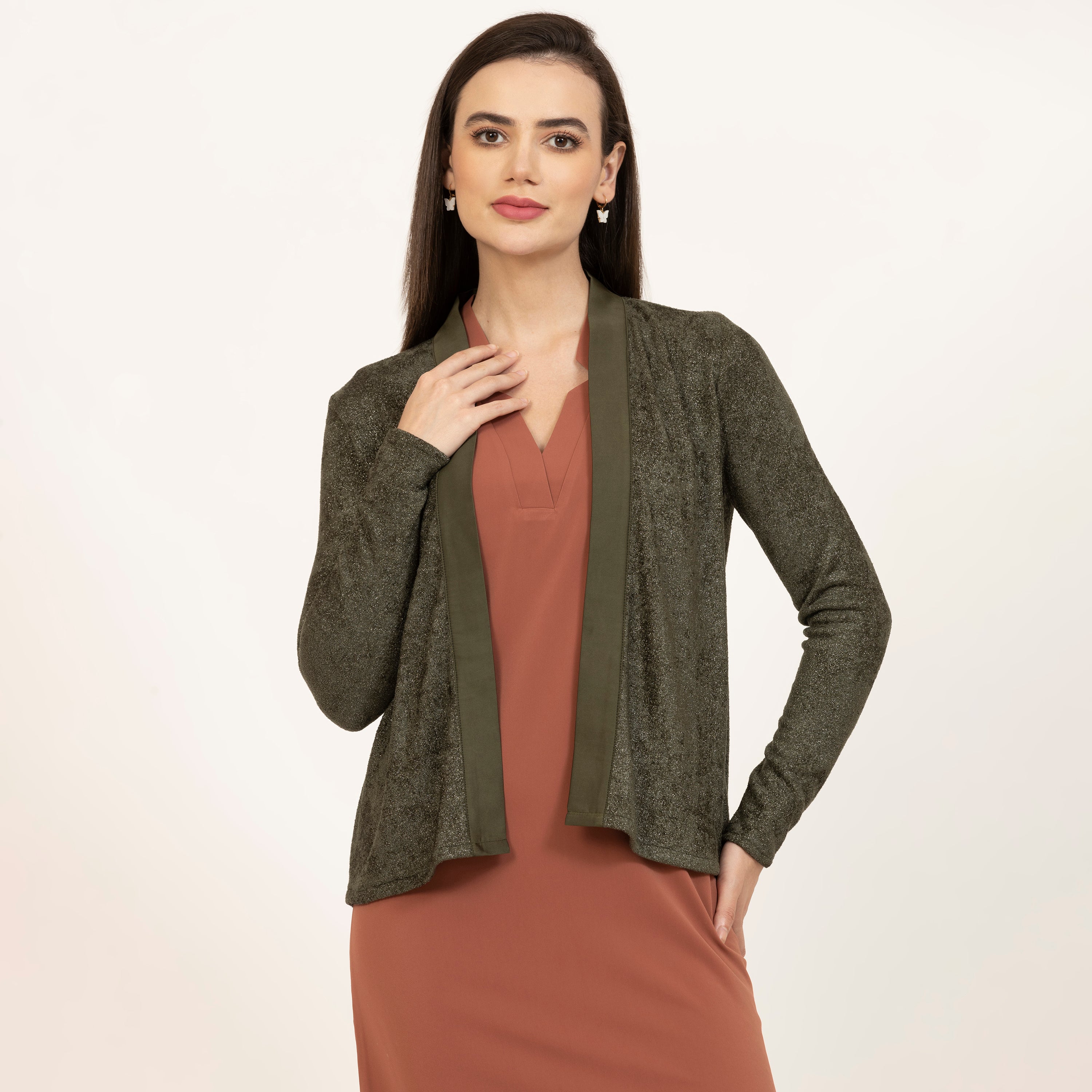 Dark Green Shimmer Velvet Lycra Shrug with Satin-5