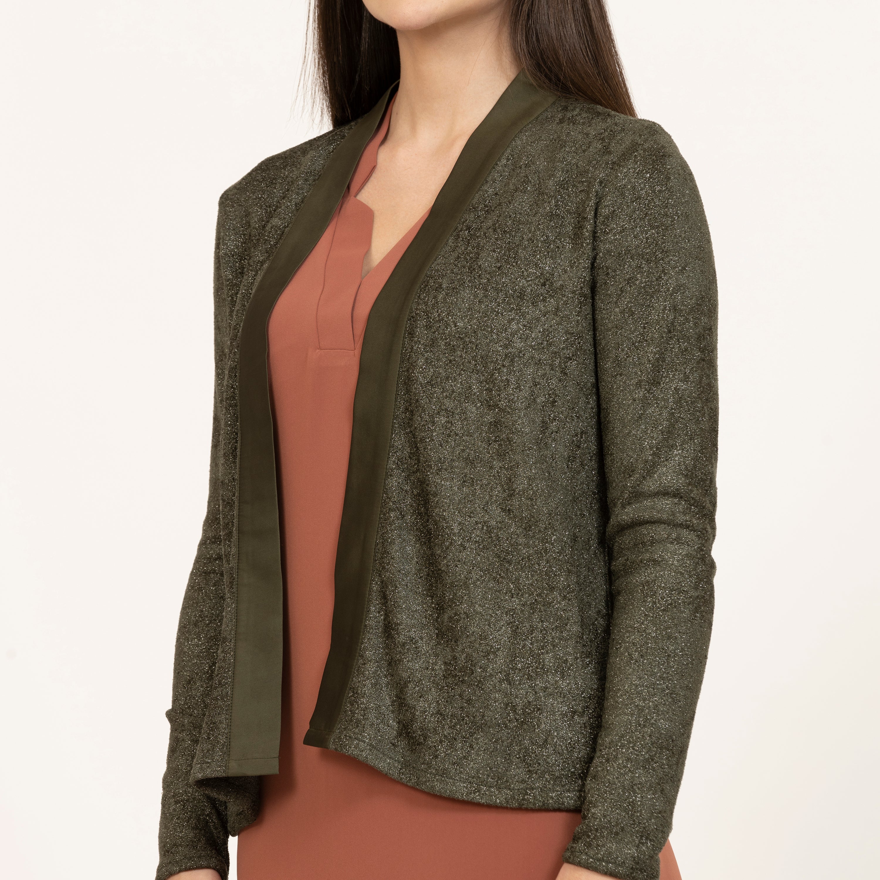 Dark Green Shimmer Velvet Lycra Shrug with Satin-3