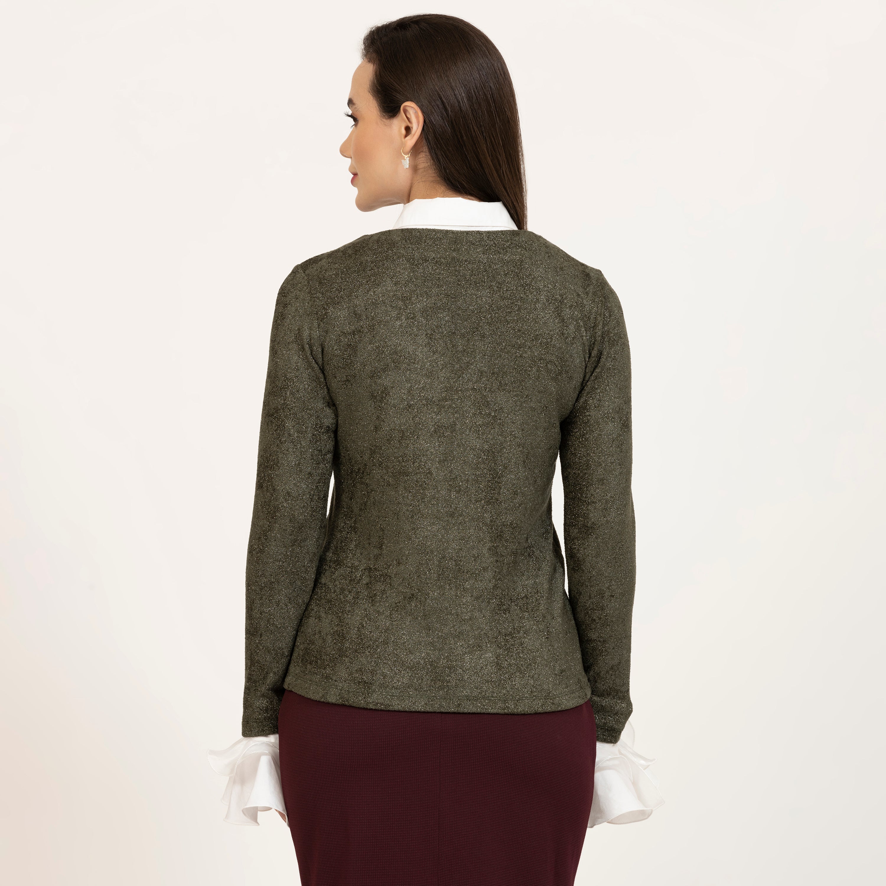 Dark Green Shimmer Velvet Top With Detachable Collar & Cuff, office tops for women, stylish tops for women, modern tops for office, trendy tops, casual office looks, formal office wear for women, Detachable hands Collar, white hand collar