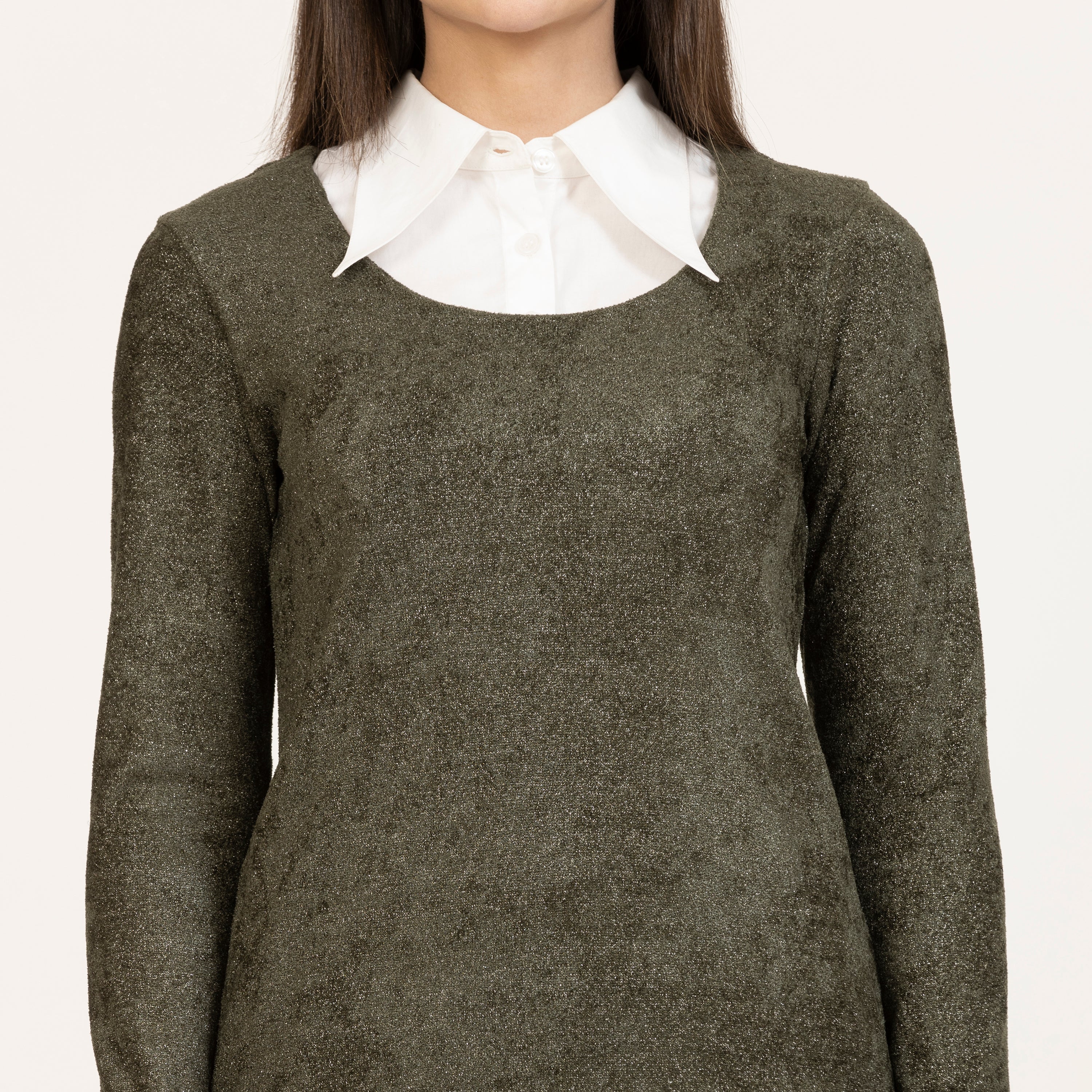 Dark Green Shimmer Velvet Top With Detachable Collar & Cuff, office tops for women, stylish tops for women, modern tops for office, trendy tops, casual office looks, formal office wear for women, Detachable hands Collar, white hand collar