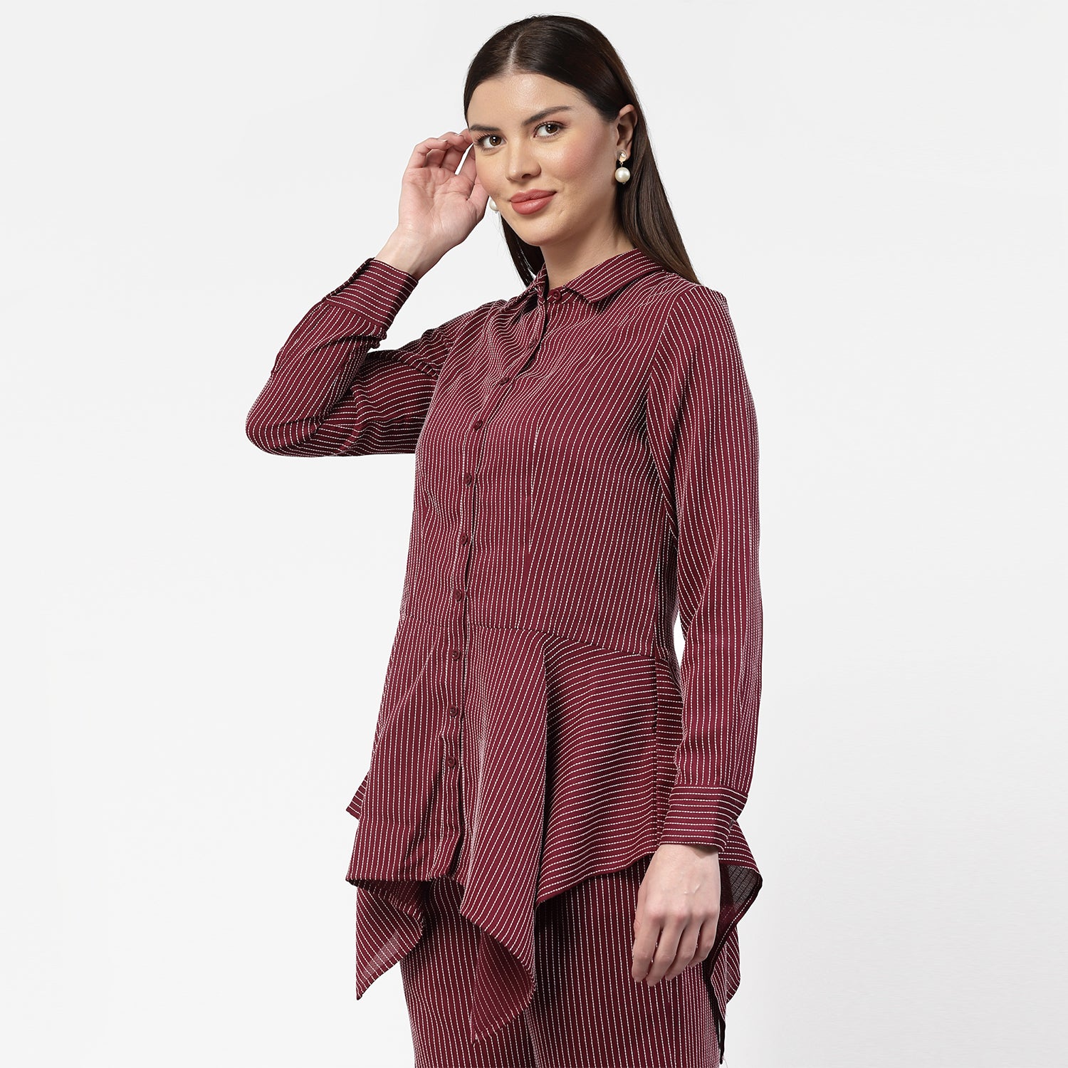 Dark Pink Asymmetrical Shirt With White Lines,womens formal shirts
cotton shirts for women
Ofiice shirts for women