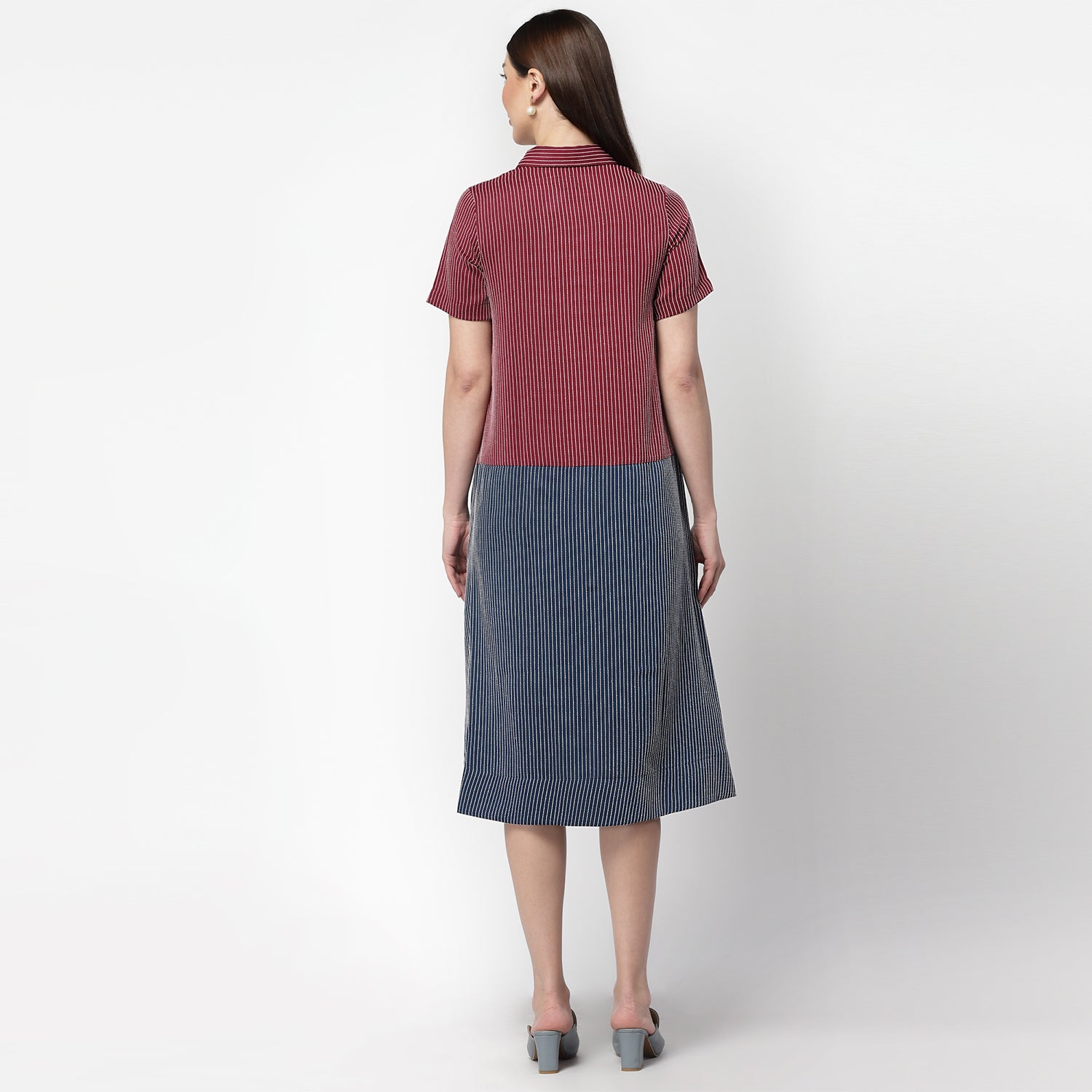 Dark Pink & Dark Blue Half in Half A Line Dress, dress for women, stylish dress for women, one piece for women dress, office wear women