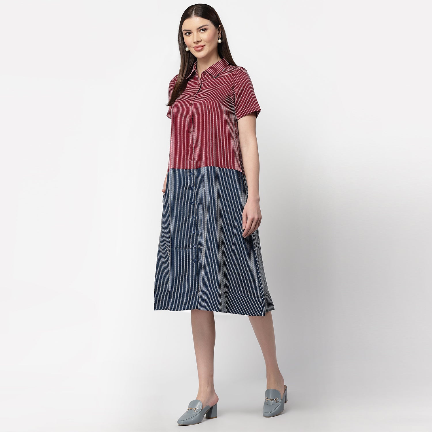 Dark Pink & Dark Blue Half in Half A Line Dress, dress for women, stylish dress for women, one piece for women dress, office wear women