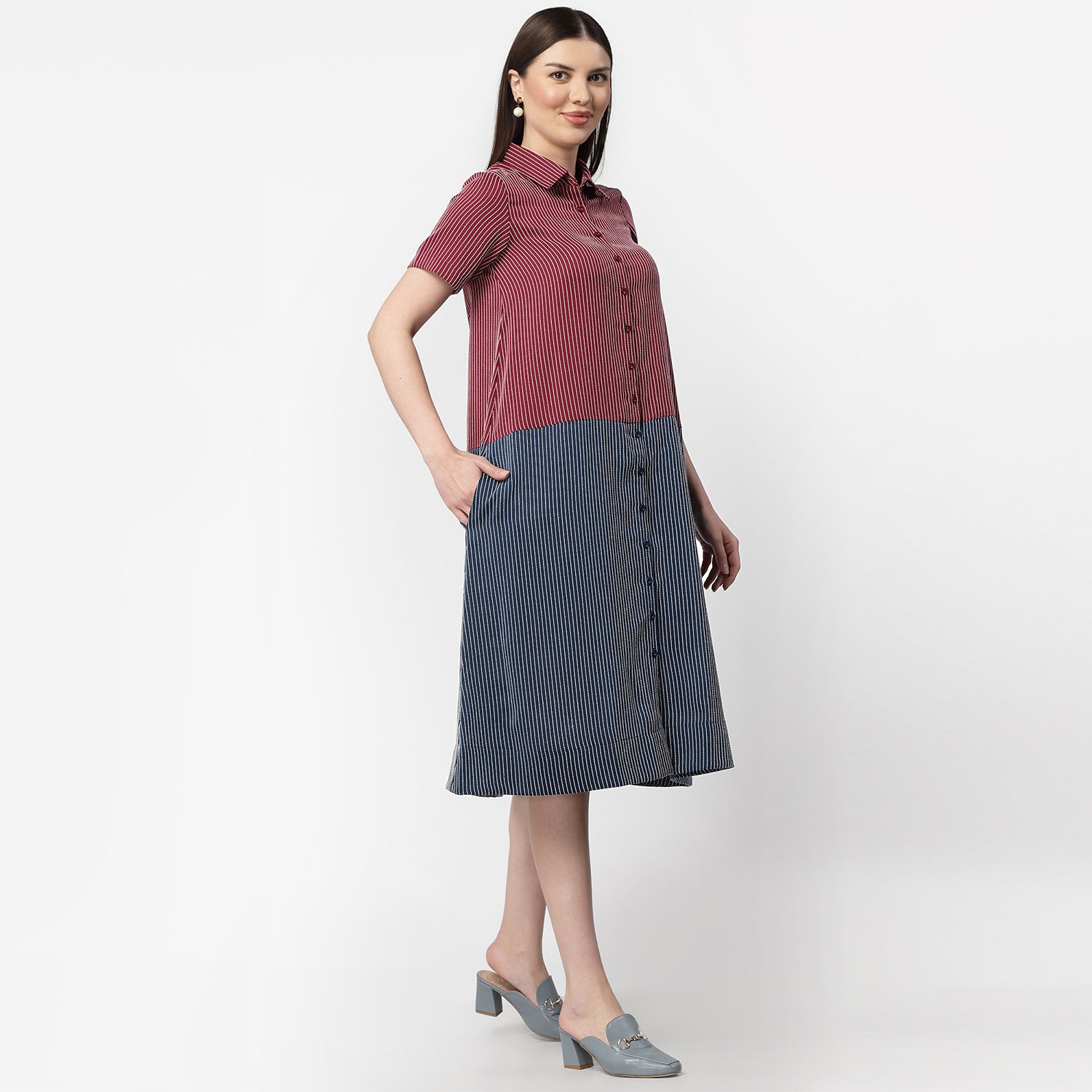 Dark Pink & Dark Blue Half in Half A Line Dress, dress for women, stylish dress for women, one piece for women dress, office wear women