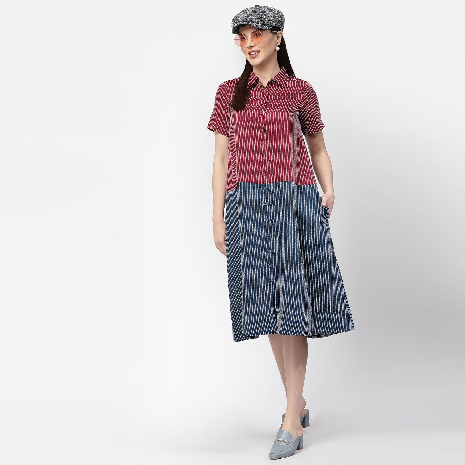 Dark Pink & Dark Blue Half in Half A Line Dress, dress for women, stylish dress for women, one piece for women dress, office wear women