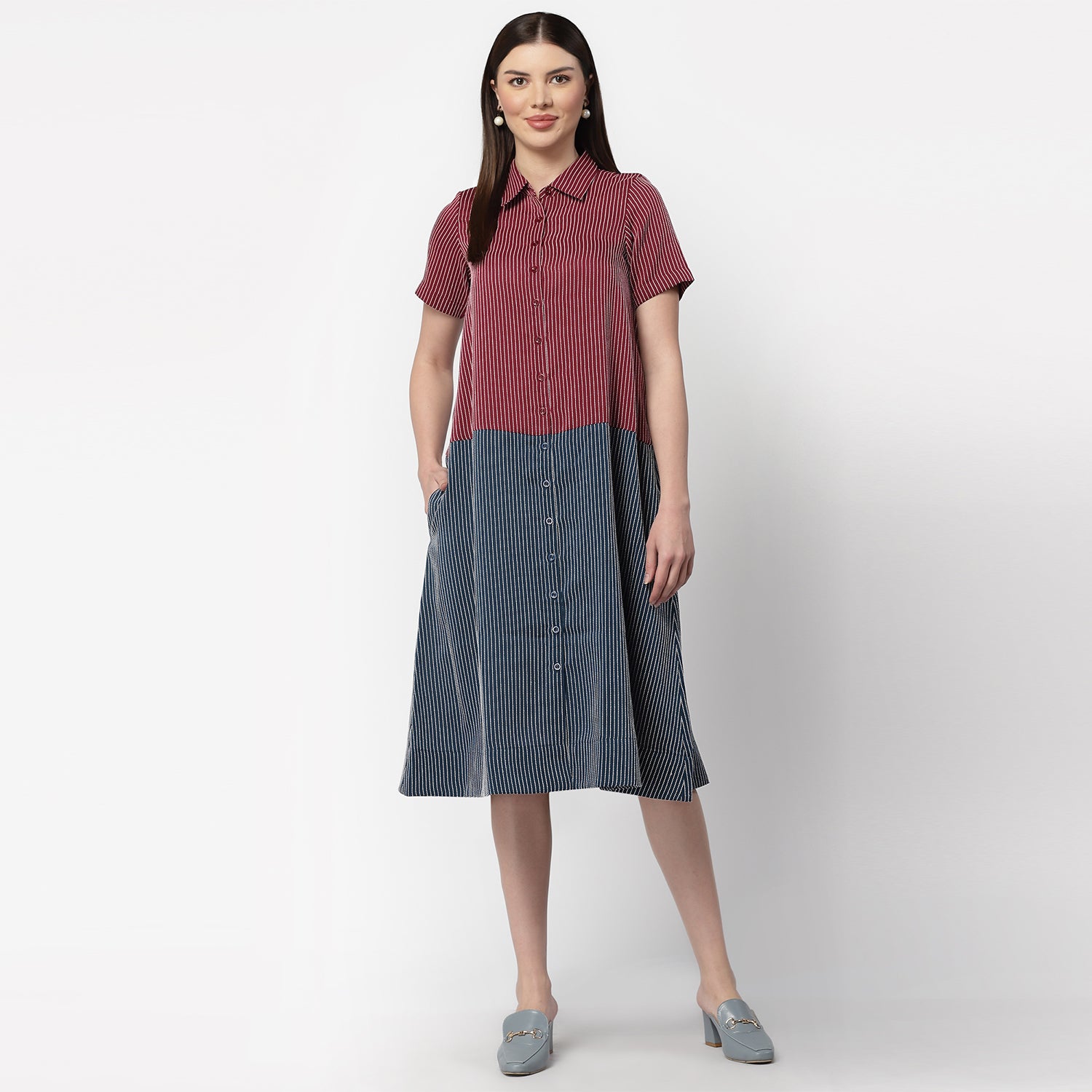 Dark Pink & Dark Blue Half in Half A Line Dress, dress for women, stylish dress for women, one piece for women dress, office wear women