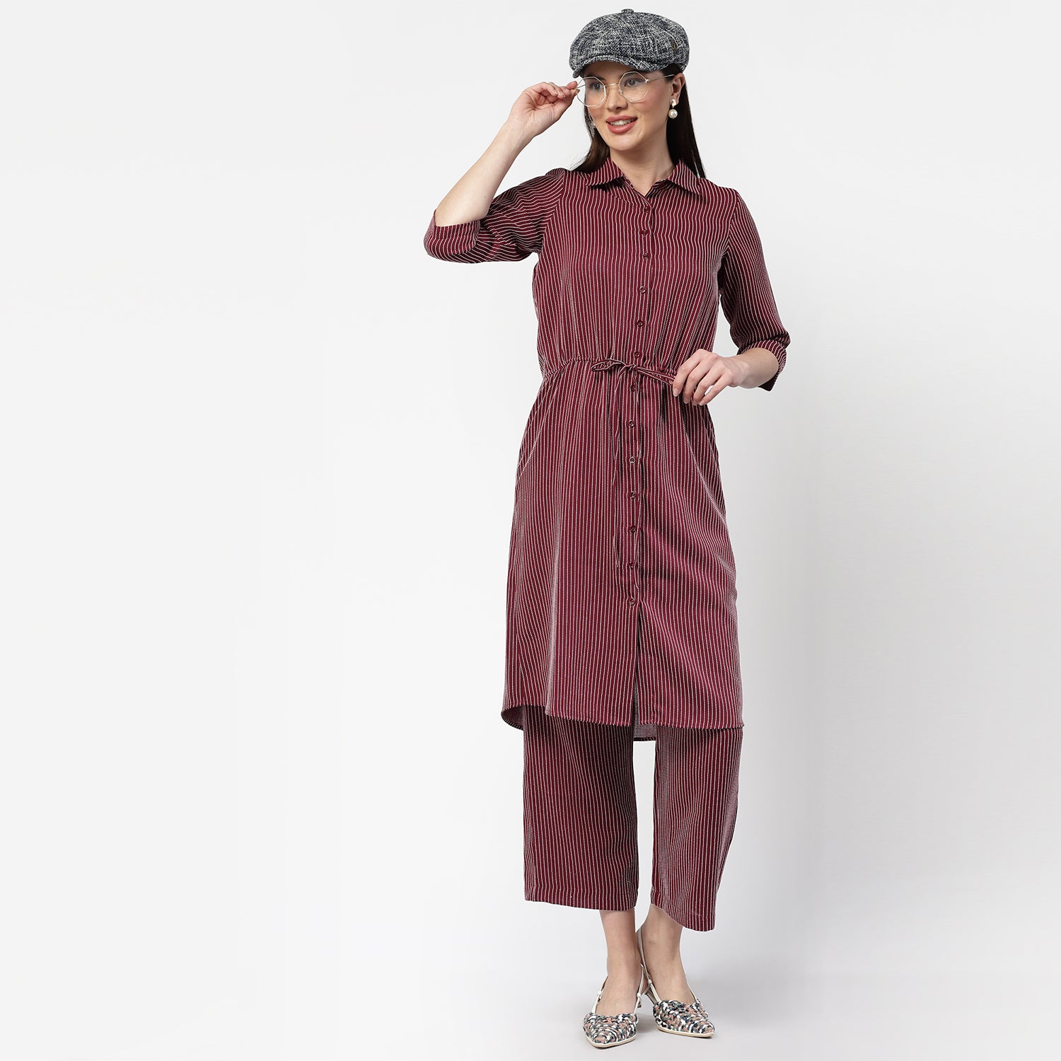 Dark Pink Shirt Tunic With Draw Stings, Chic Tunics for Office Wear: Modern Elegance Redefined