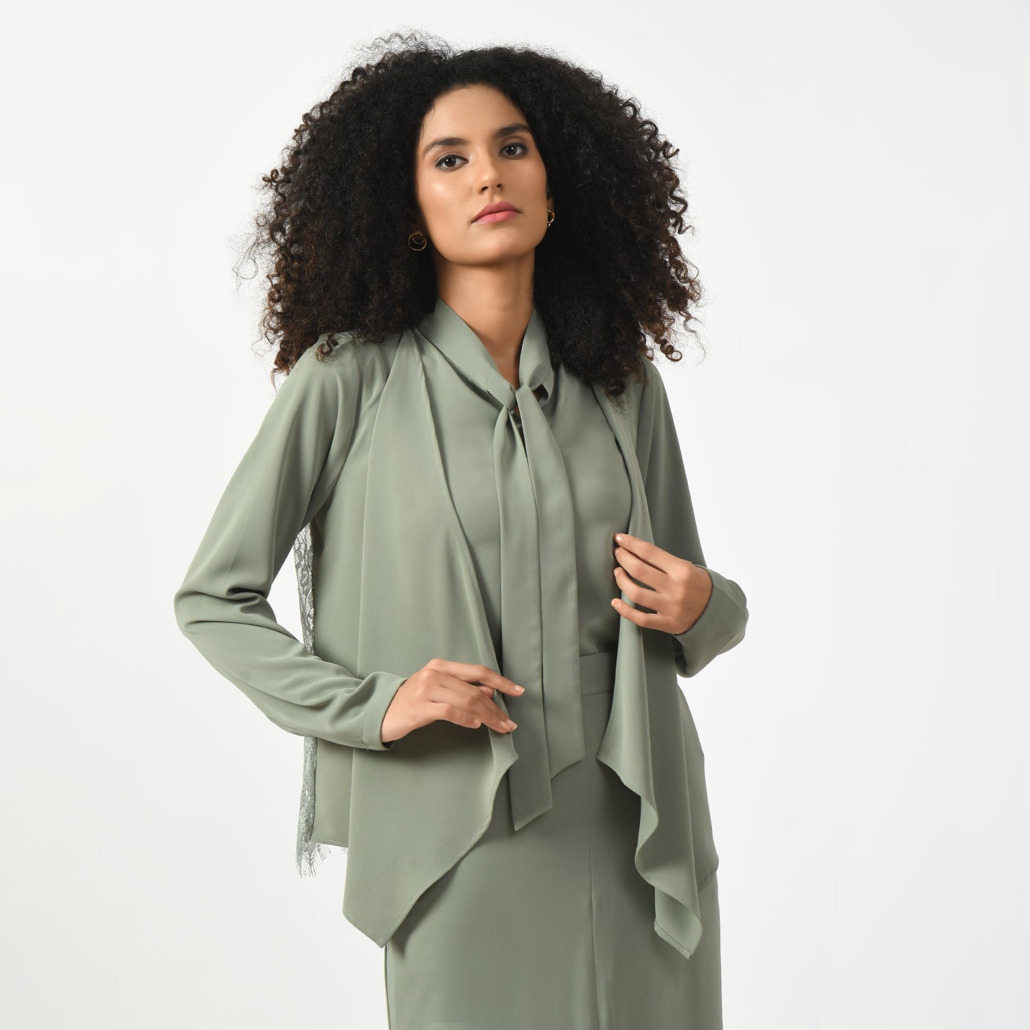 Dusty Green Asymmetrical Short Lace Jacket-2