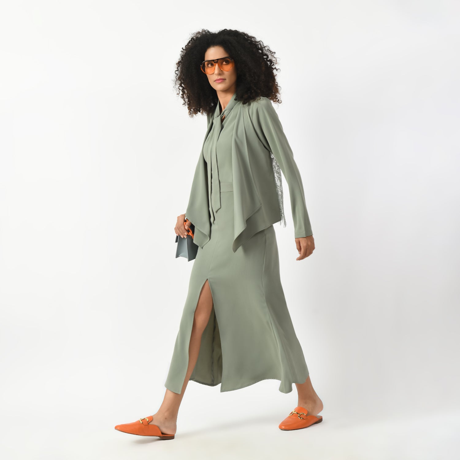 Dusty Green Asymmetrical Short Lace Jacket-6