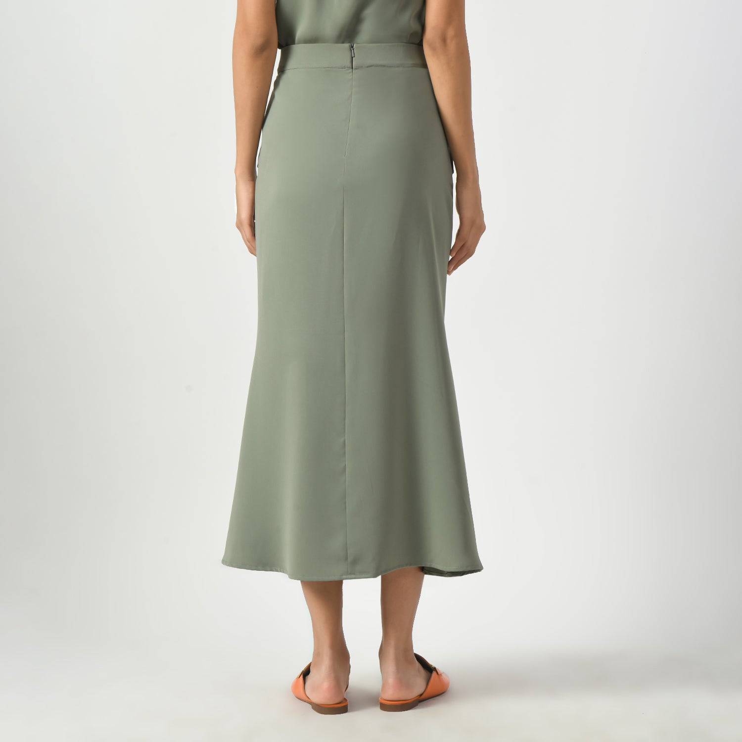 Dusty Green Fish Cut Skirt With Front Slit, fish cut skirt, green skirt, formal frocks for work , office dresses for women, traditional office skirts , designer skirts for work