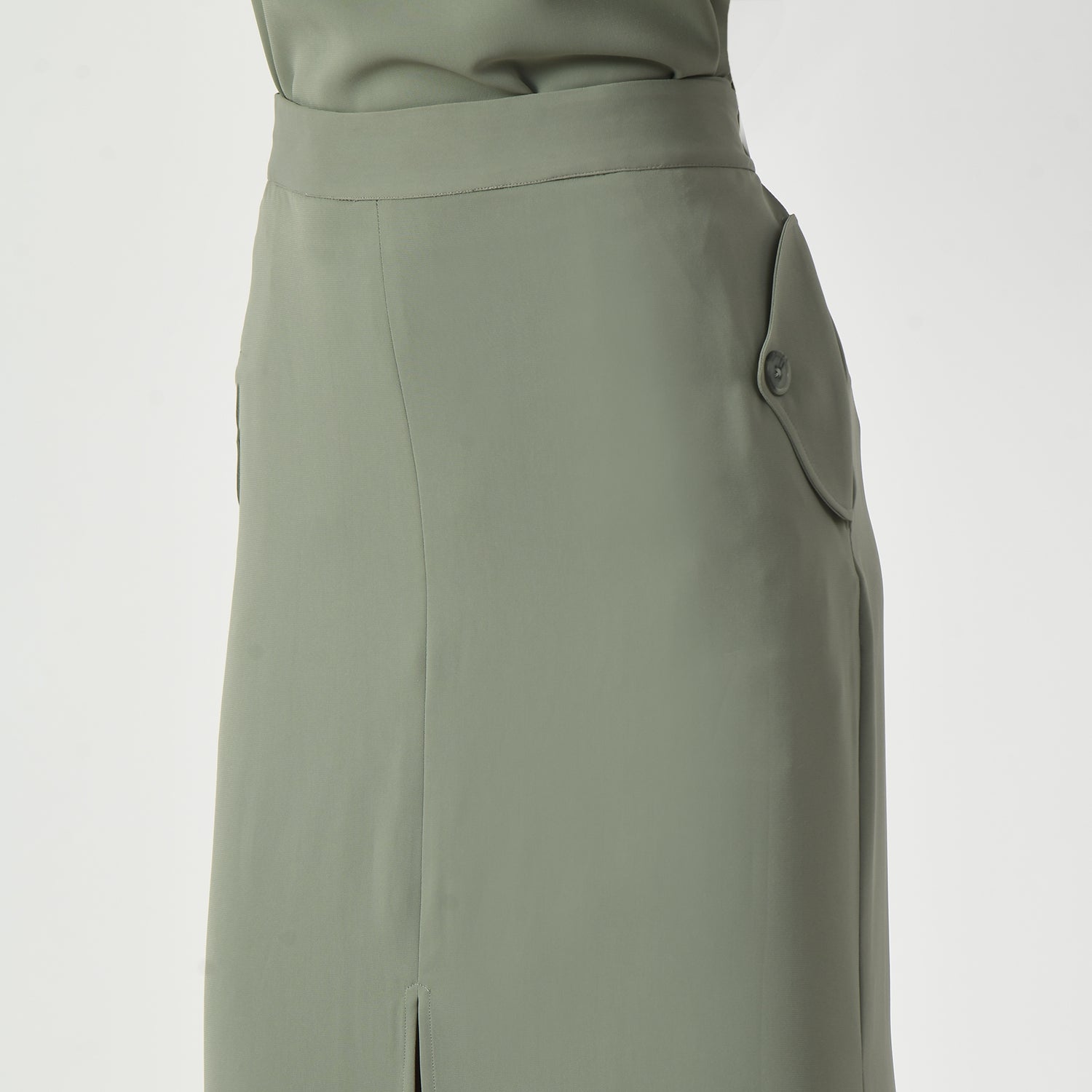 Dusty Green Fish Cut Skirt With Front Slit, fish cut skirt, green skirt, formal frocks for work , office dresses for women, traditional office skirts , designer skirts for work