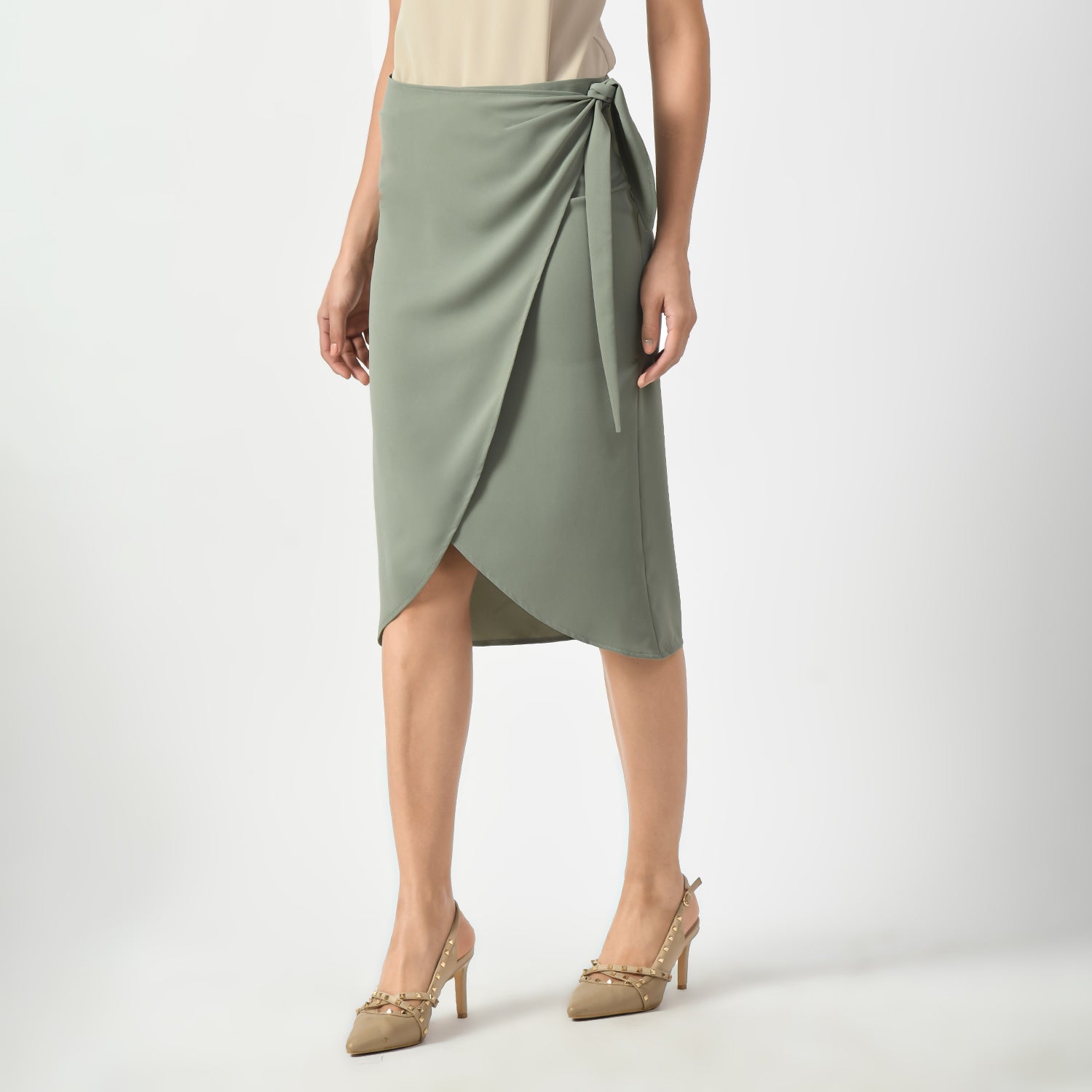 Dusty Green Overlap Skirt With Tie Knot, skirt with knot , overlap skirts, green skirts, formal frocks for work , office dresses for women, traditional office skirts , designer skirts for work