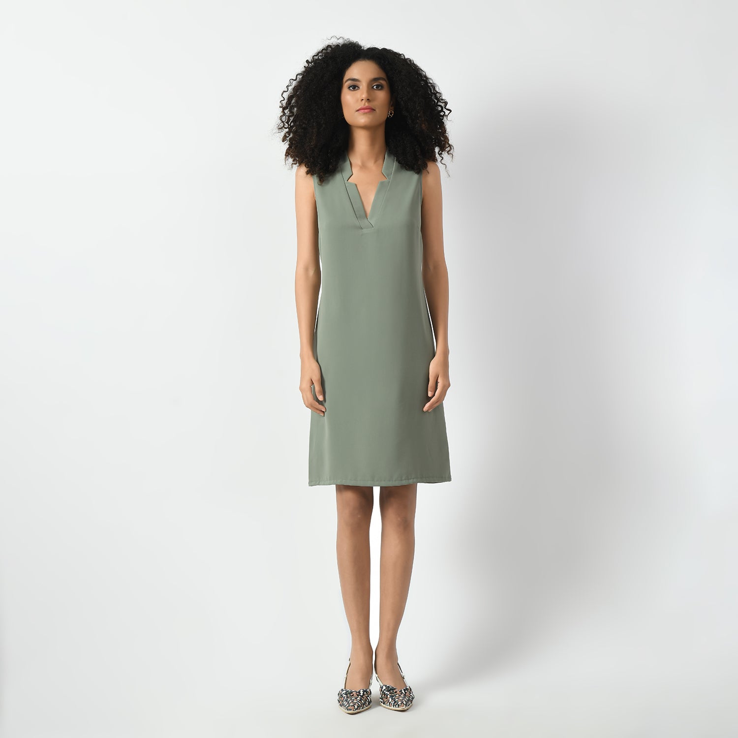 Office Wear Dusty Green Sleeveless V Neck Dresses for Women