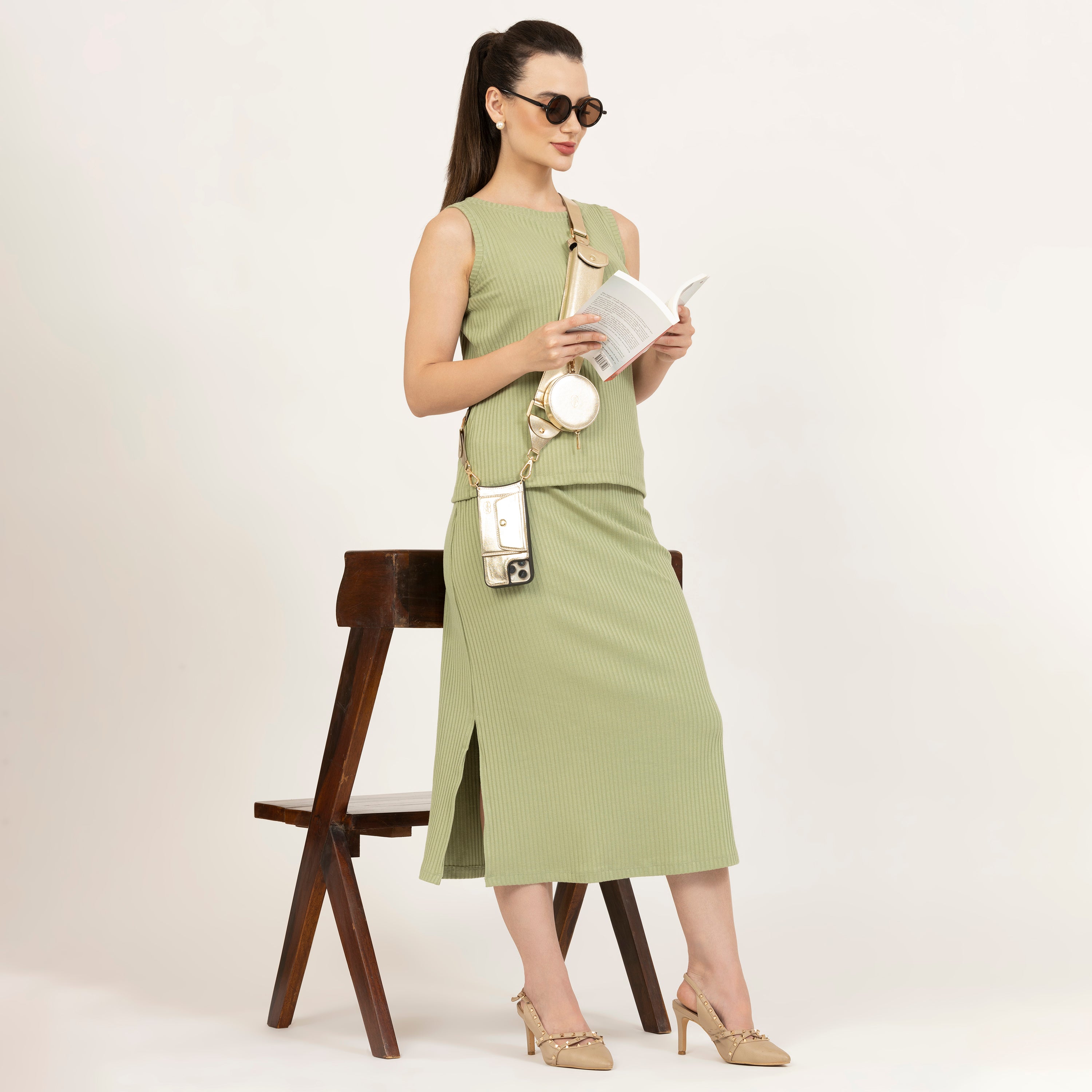 Green Ribbed Sleeveless Top for Women