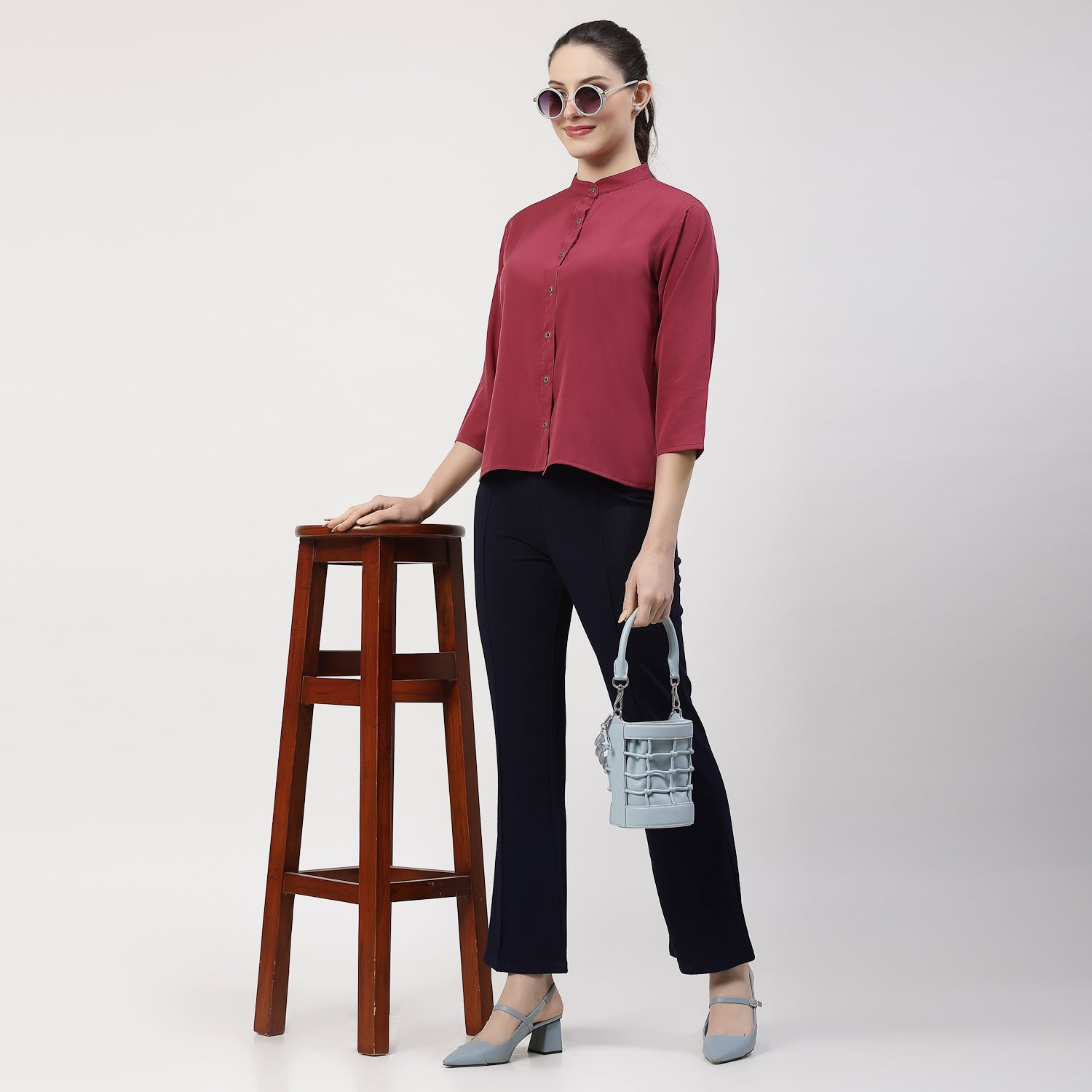 เสื้อเครปสีไวน์คอจีน