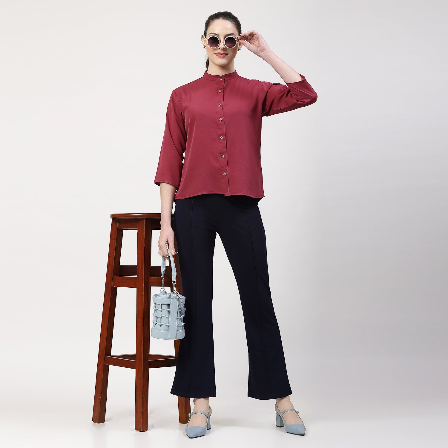 เสื้อเครปสีไวน์คอจีน