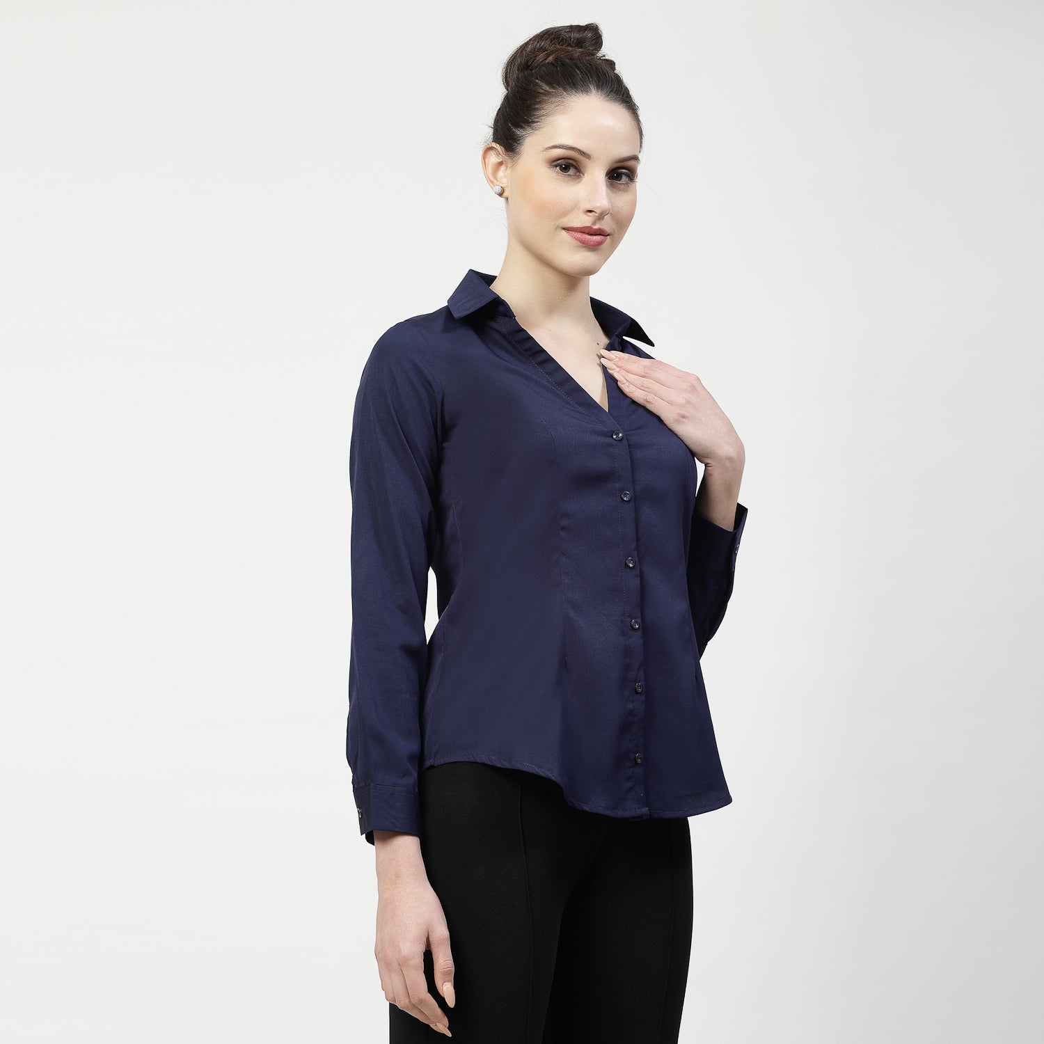 Blue V Neck Top With Collar