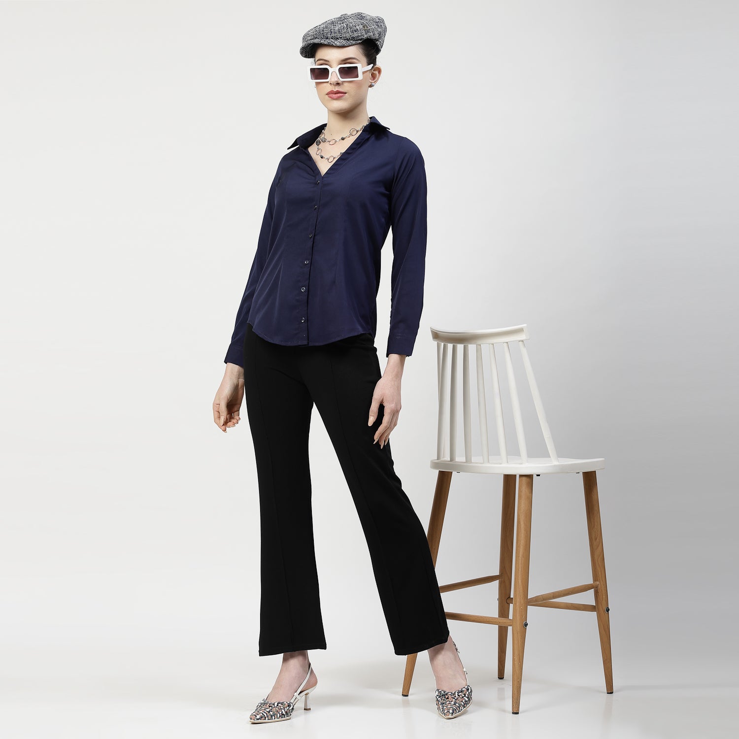 Blue V Neck Top With Collar