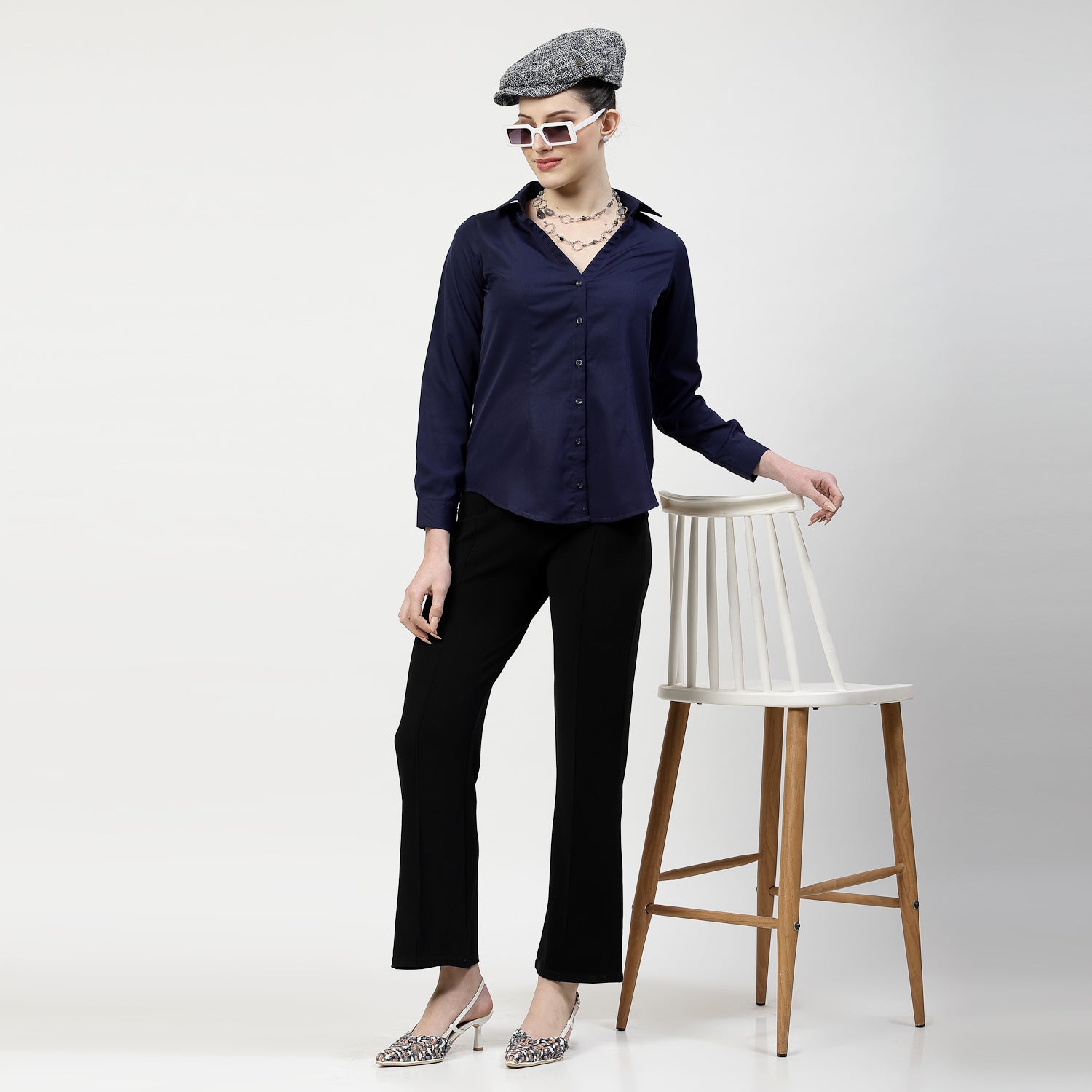 Blue V Neck Top With Collar