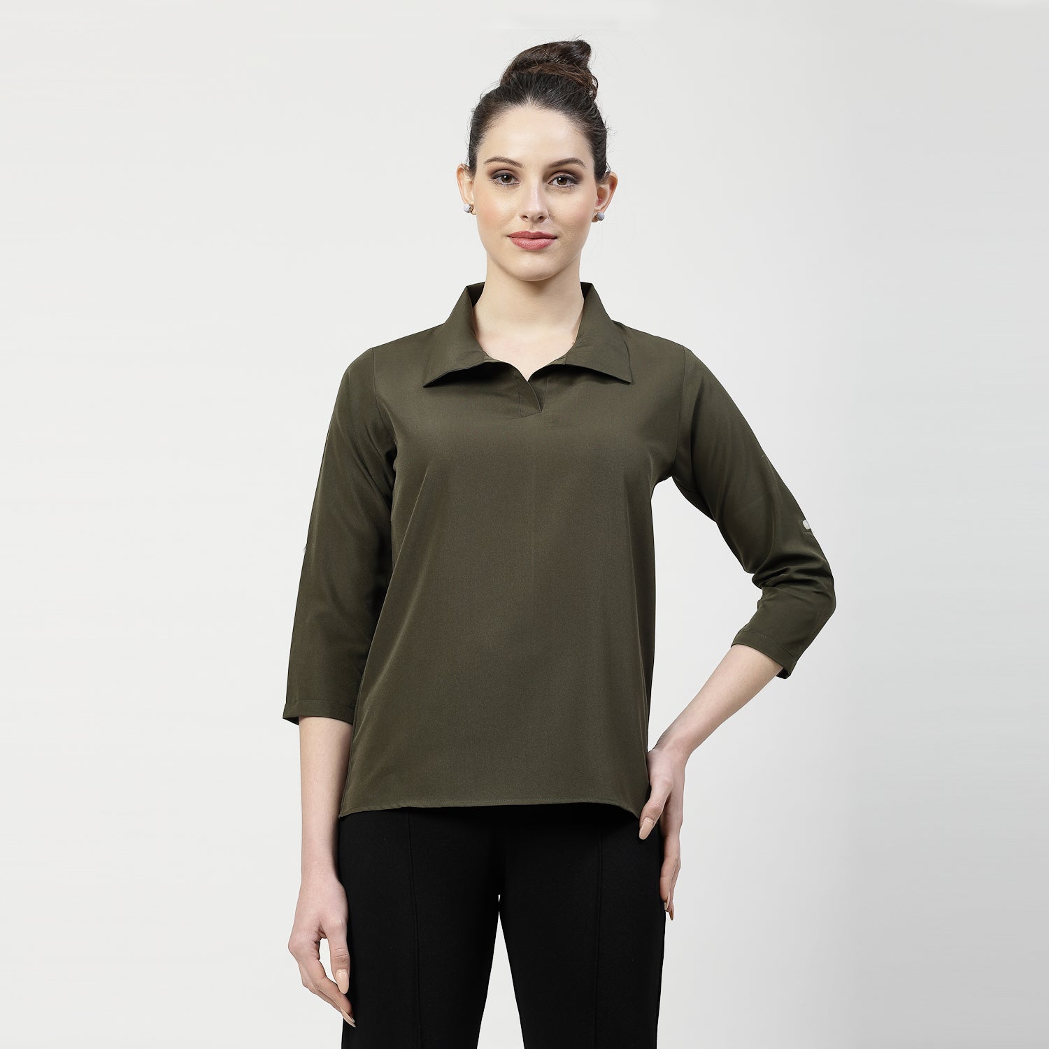 Olive V Neck Top With Collar