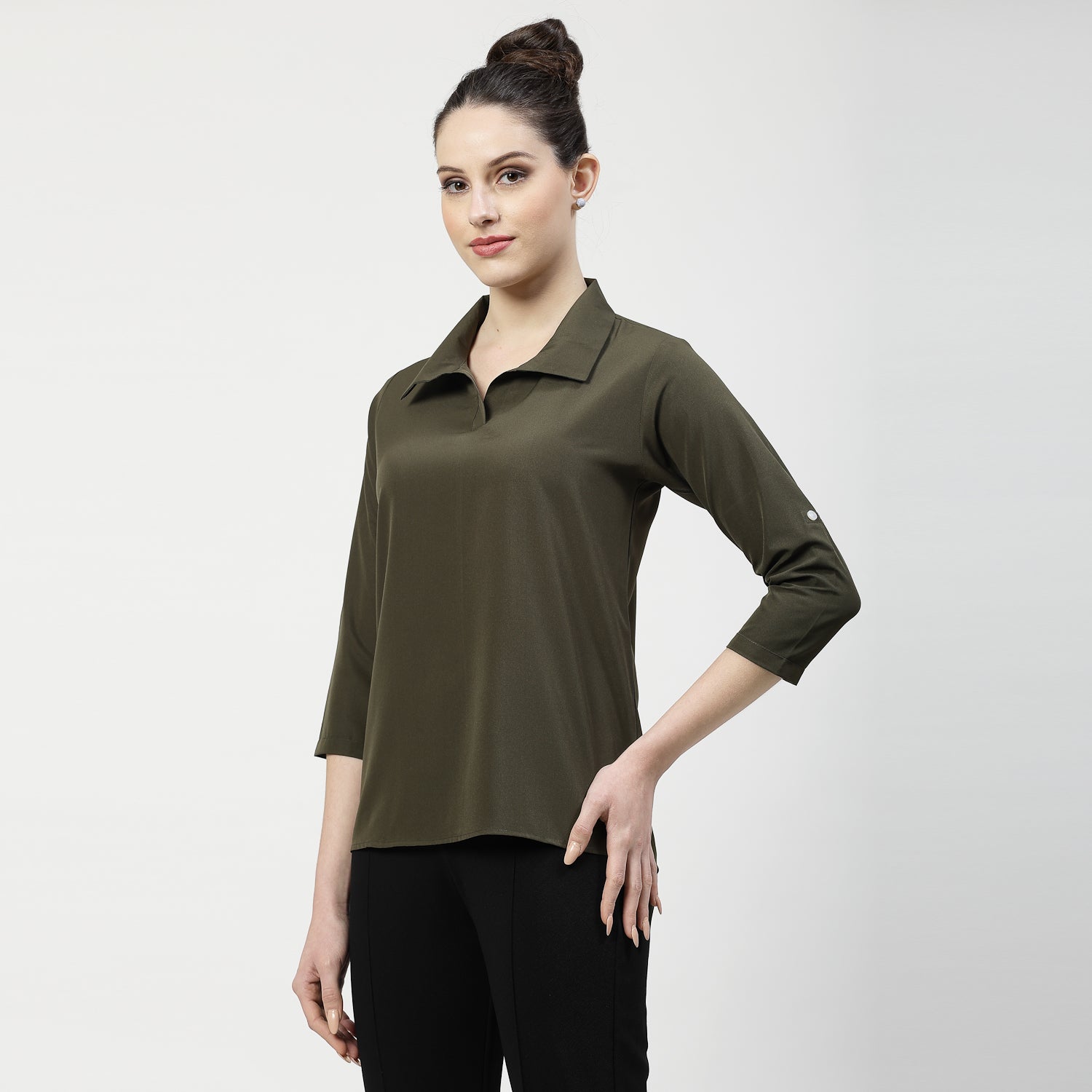 Olive V Neck Top With Collar