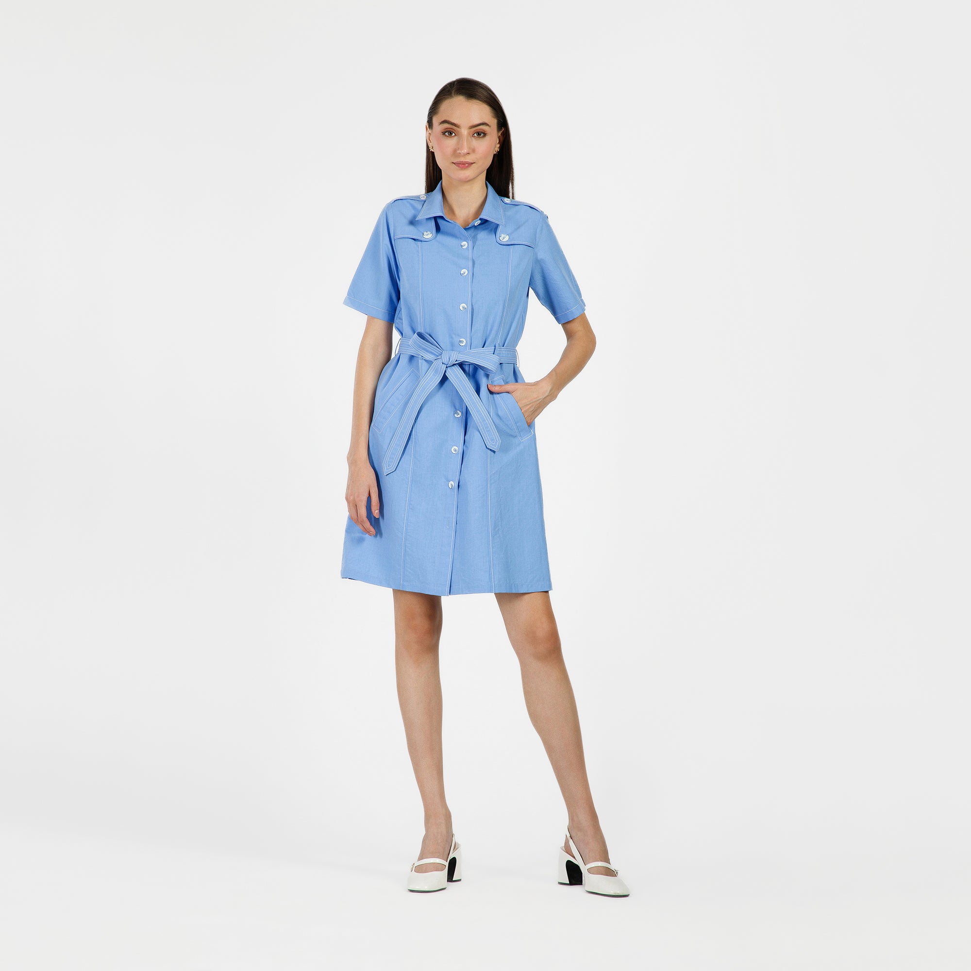 Blue Trench Coat With White Top Stitch