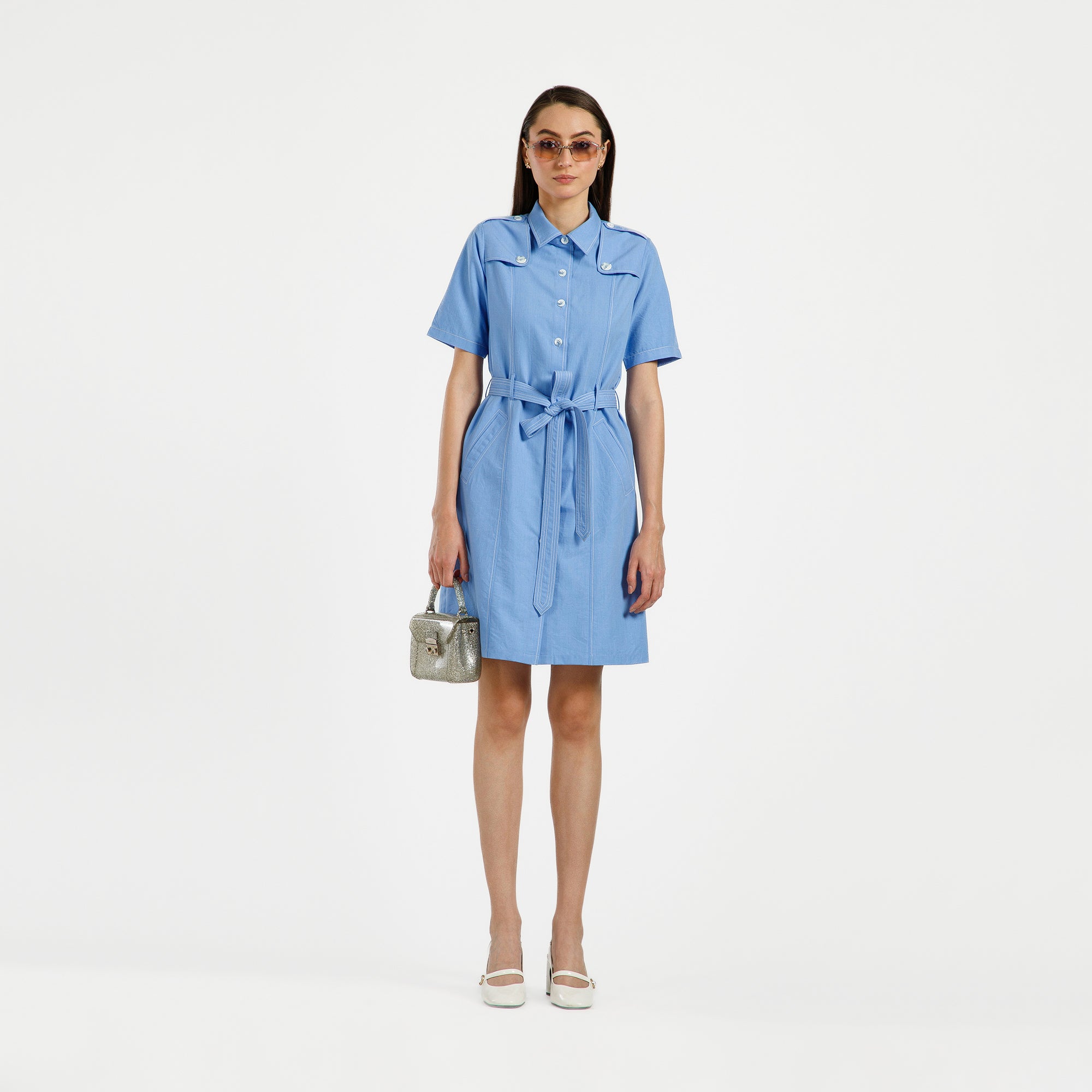 Blue Trench Coat With White Top Stitch