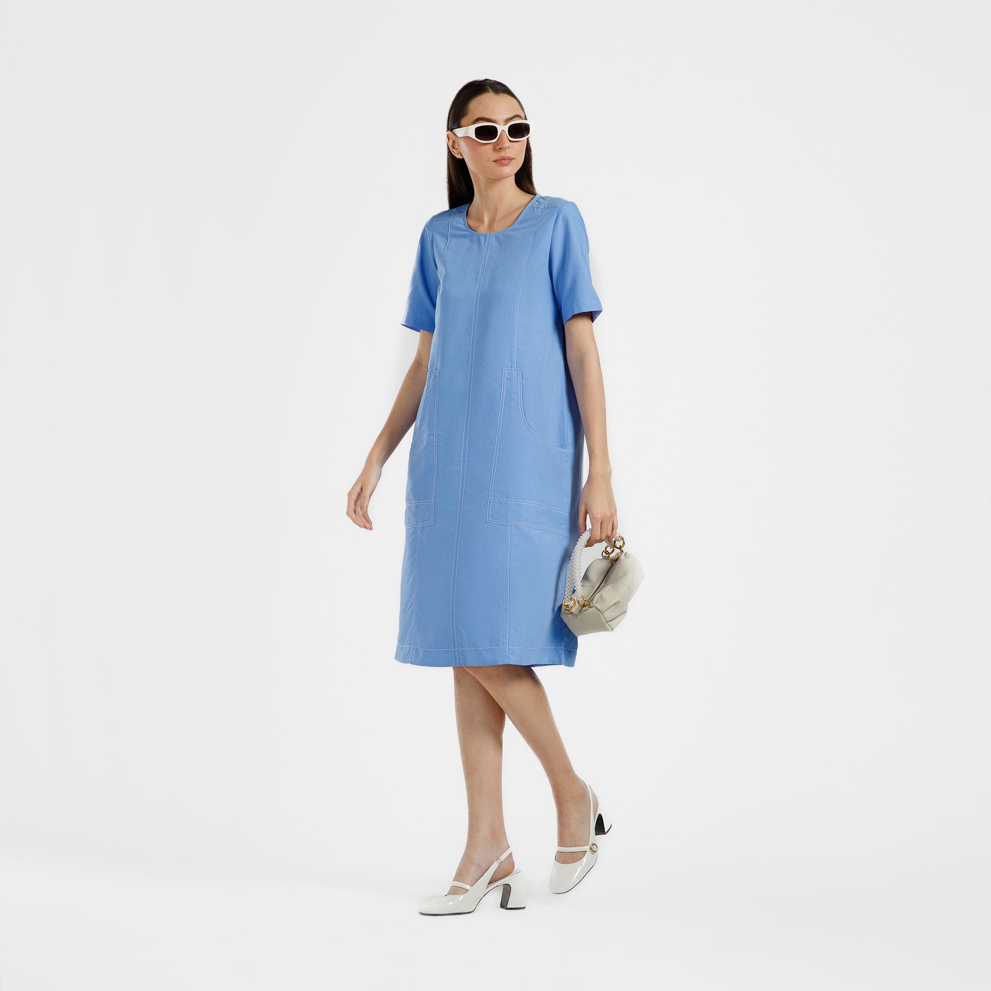 Blue Dress With White Top Stitch
