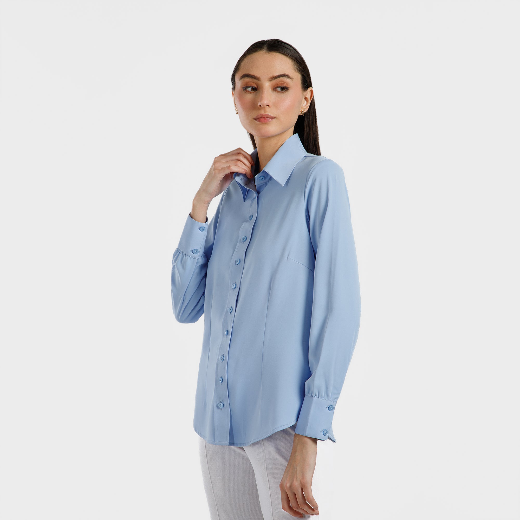 Blue Crepe Stand Up Collar Shirt