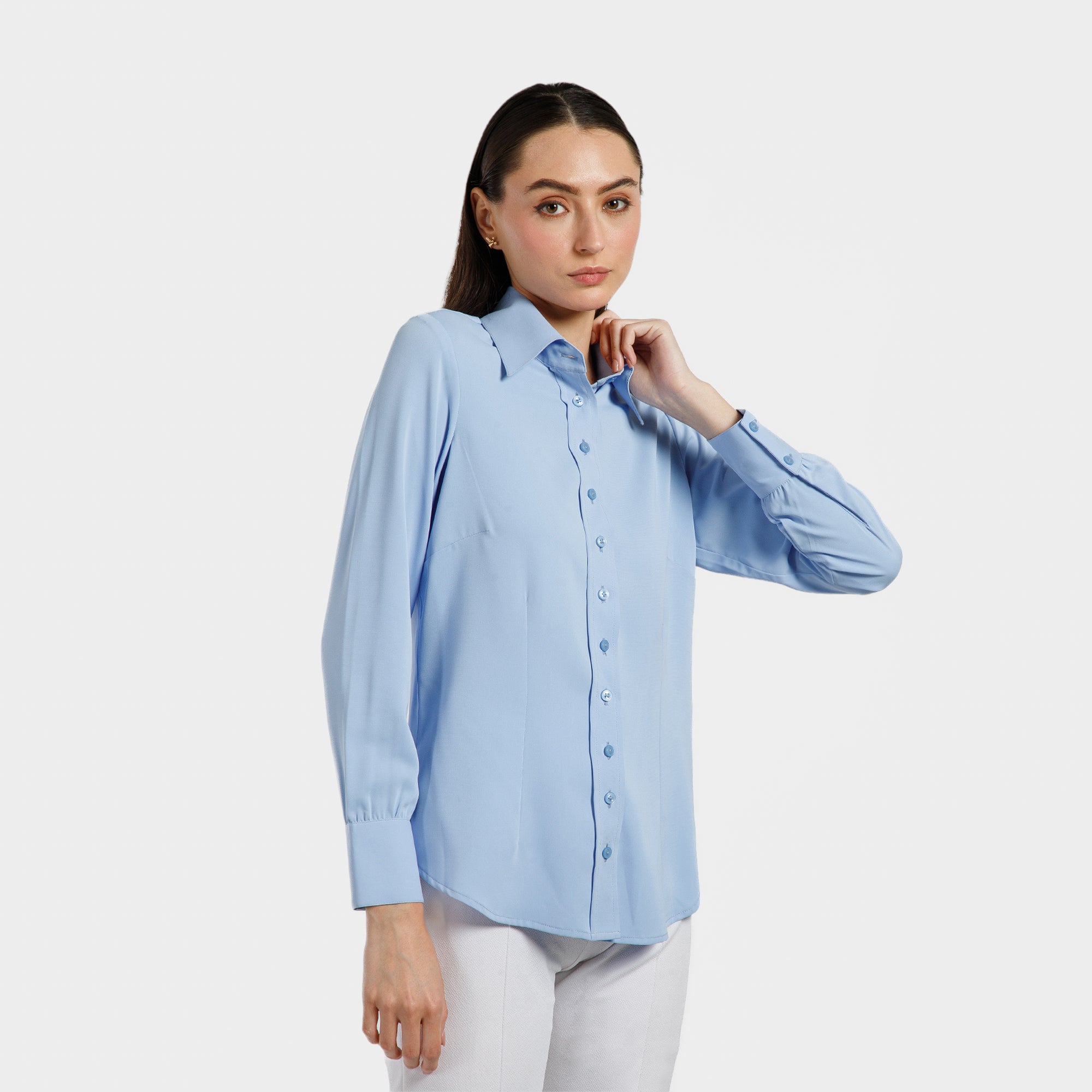 Blue Crepe Stand Up Collar Shirt