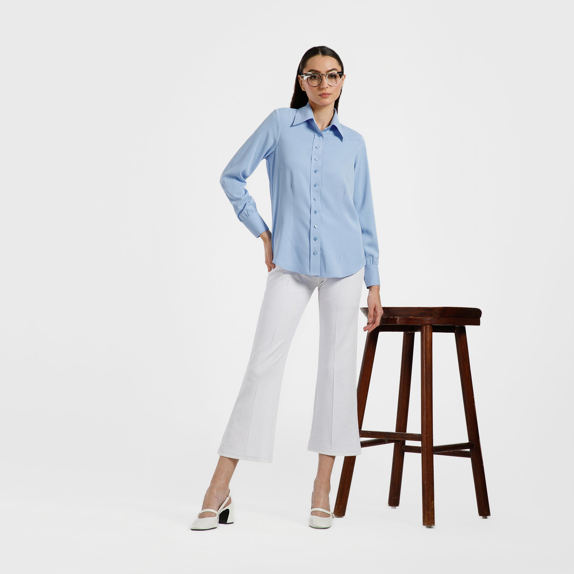 Blue Crepe Stand Up Collar Shirt