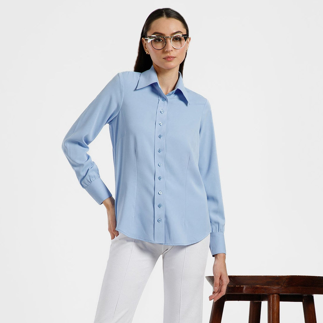 Blue Crepe Stand Up Collar Shirt
