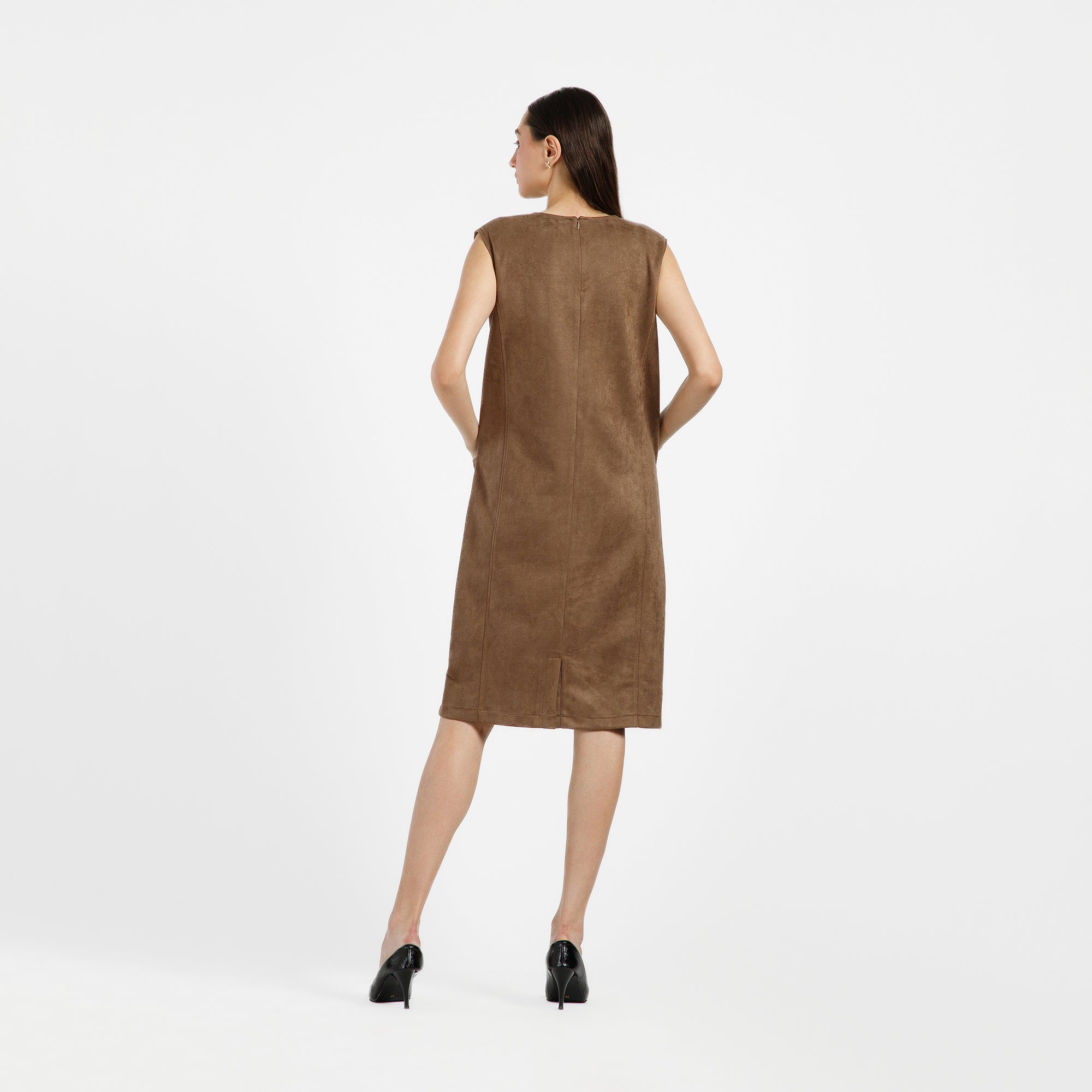 Brown Suede Dress With Pocket Top Stitch With Pocket