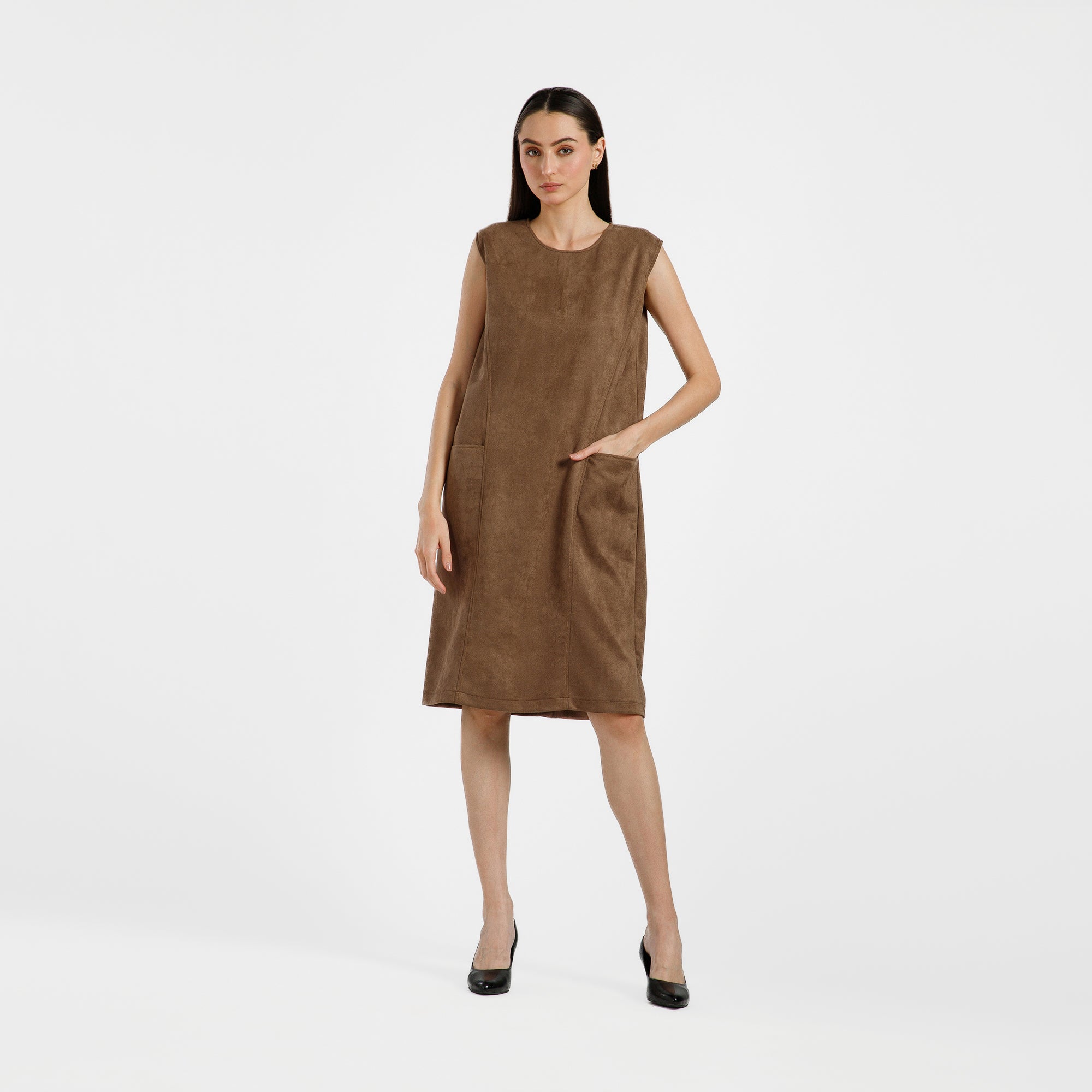Brown Suede Dress With Pocket Top Stitch With Pocket