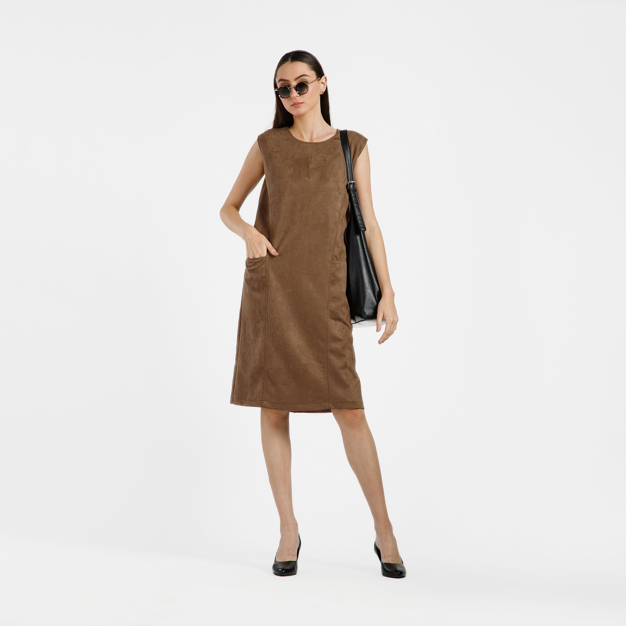Brown Suede Dress With Pocket Top Stitch With Pocket