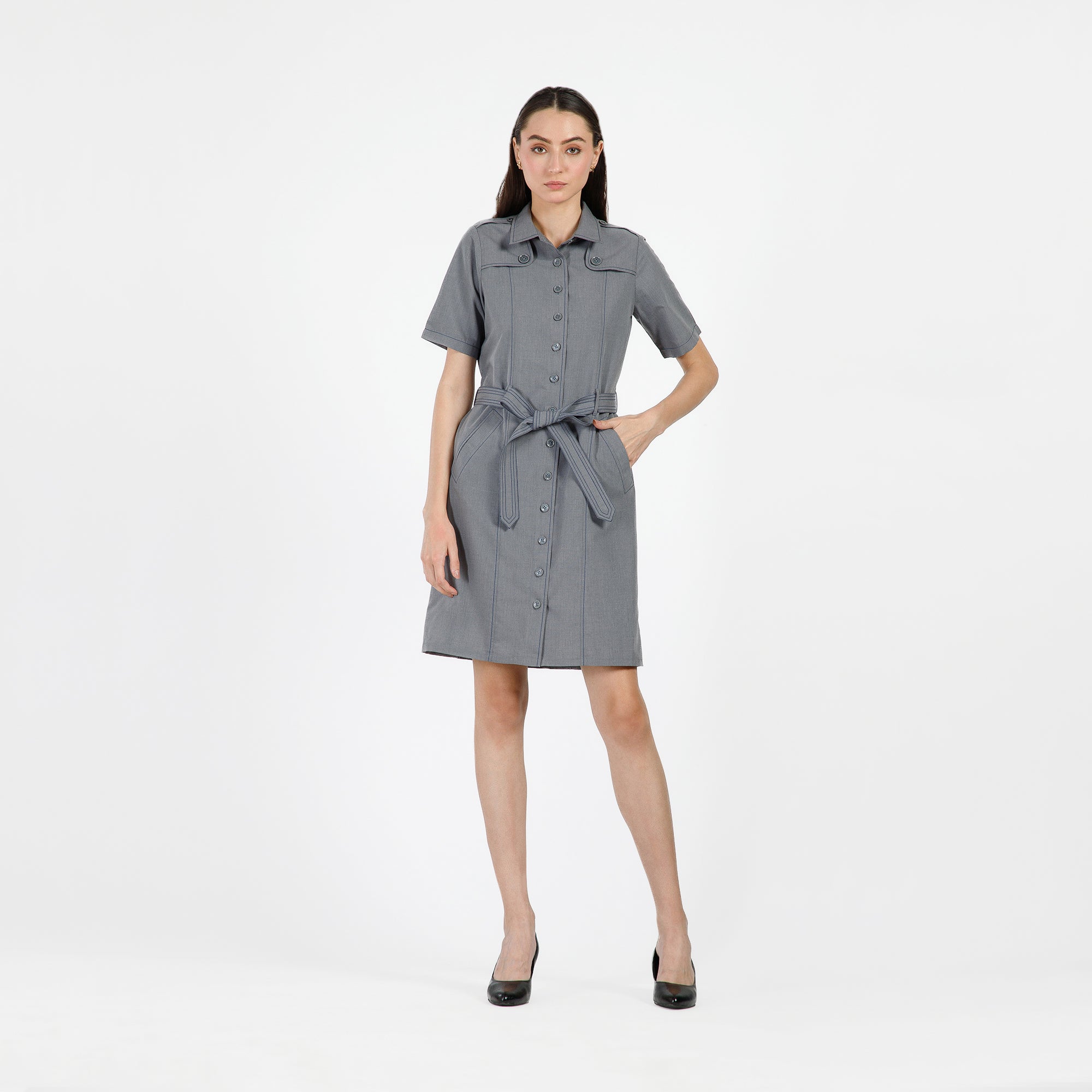 Grey Trench Coat With Navy Blue Top Stitch