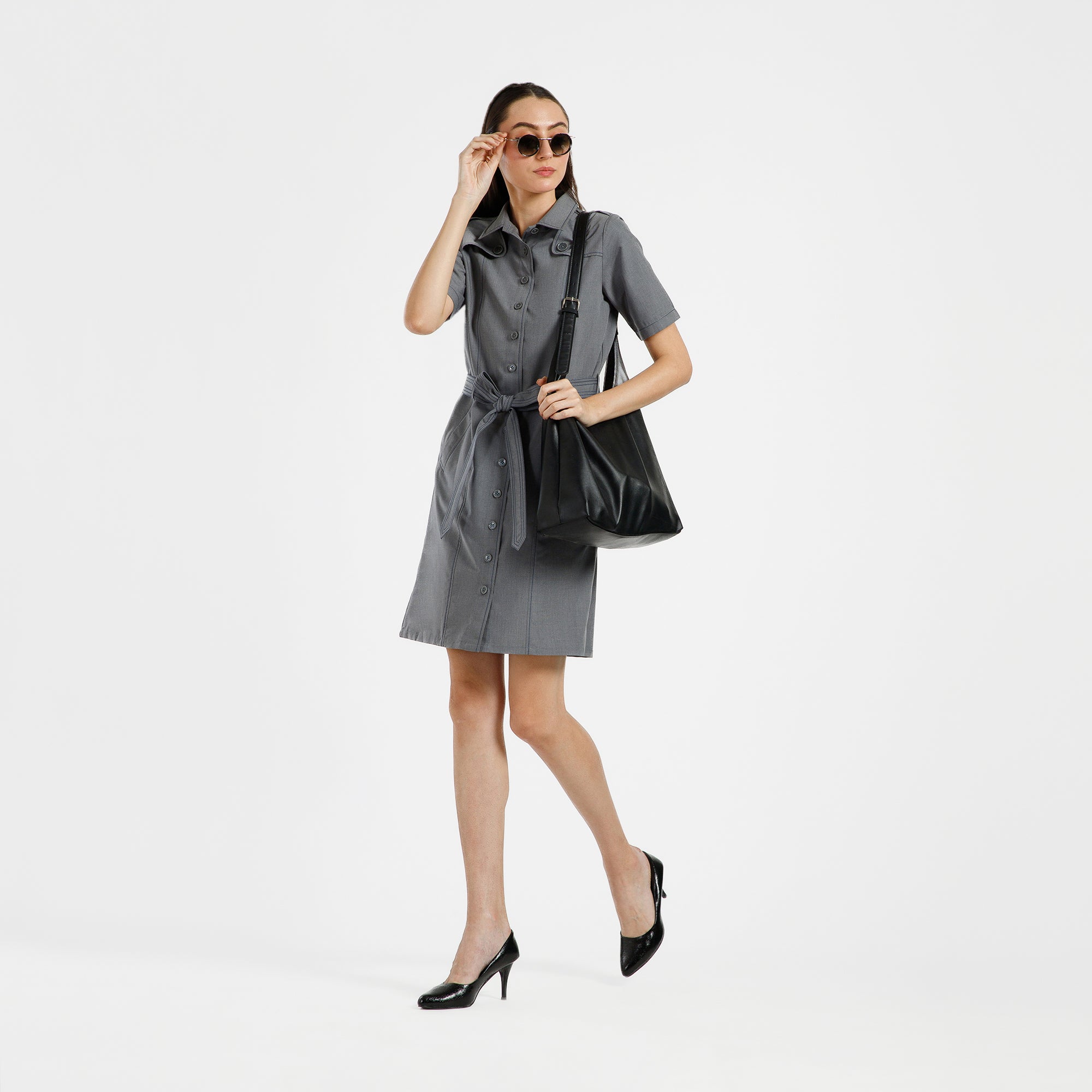 Grey Trench Coat With Navy Blue Top Stitch