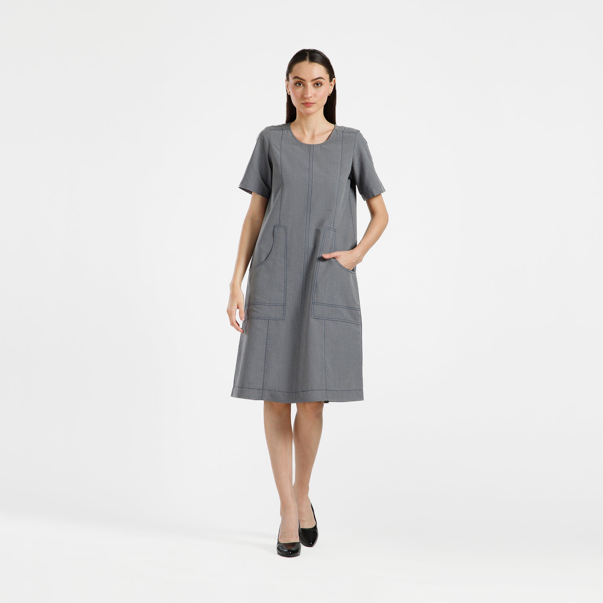 Grey Dress With Blue Top Stitch