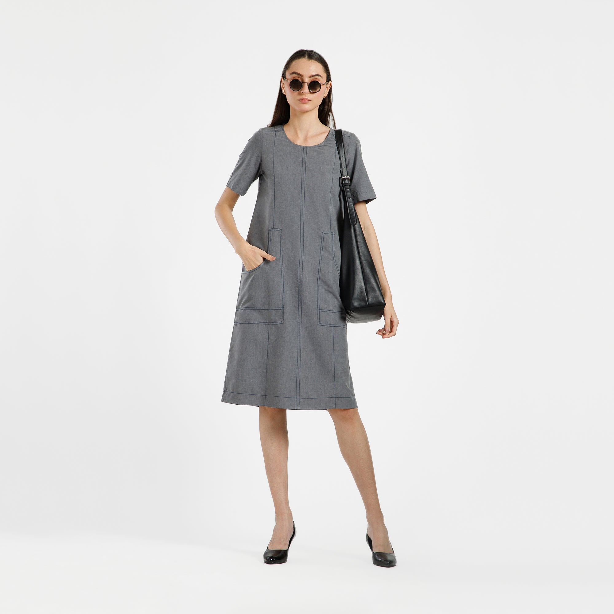 Grey Dress With Blue Top Stitch