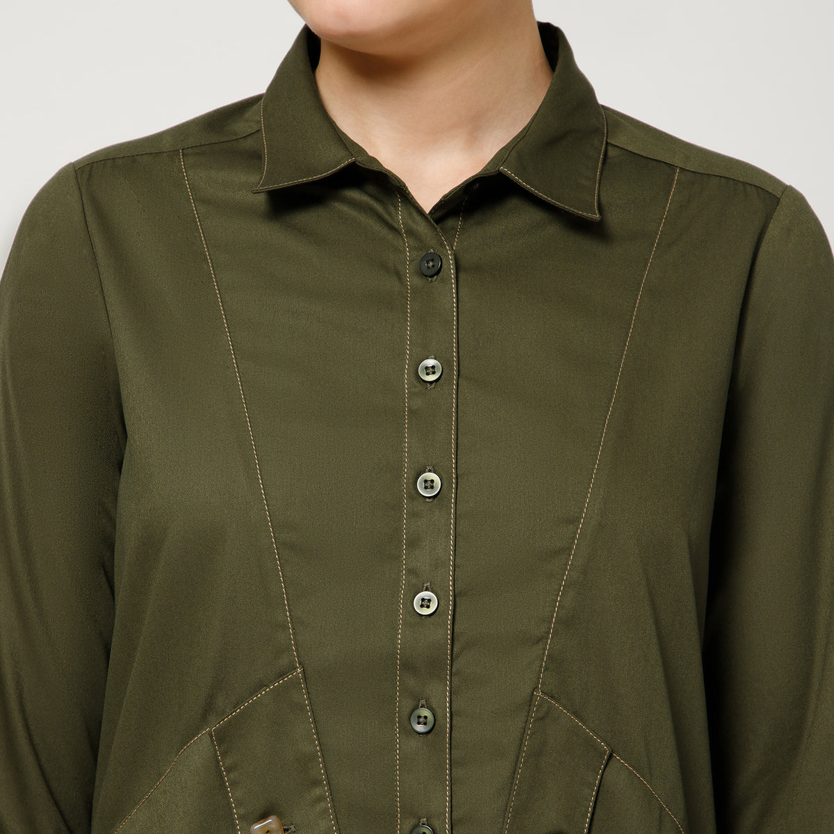 Olive Cotton Blend Kurta With Contrast Thread With Pocket