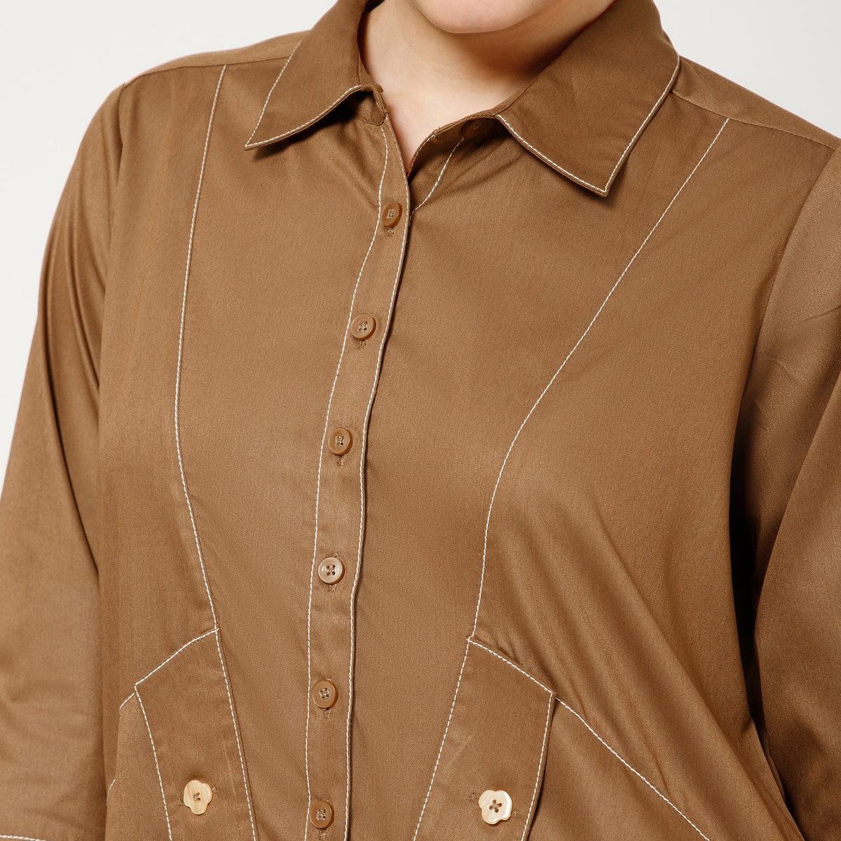 Brown Cotton Blend Kurta With Contrast Thread With Pocket