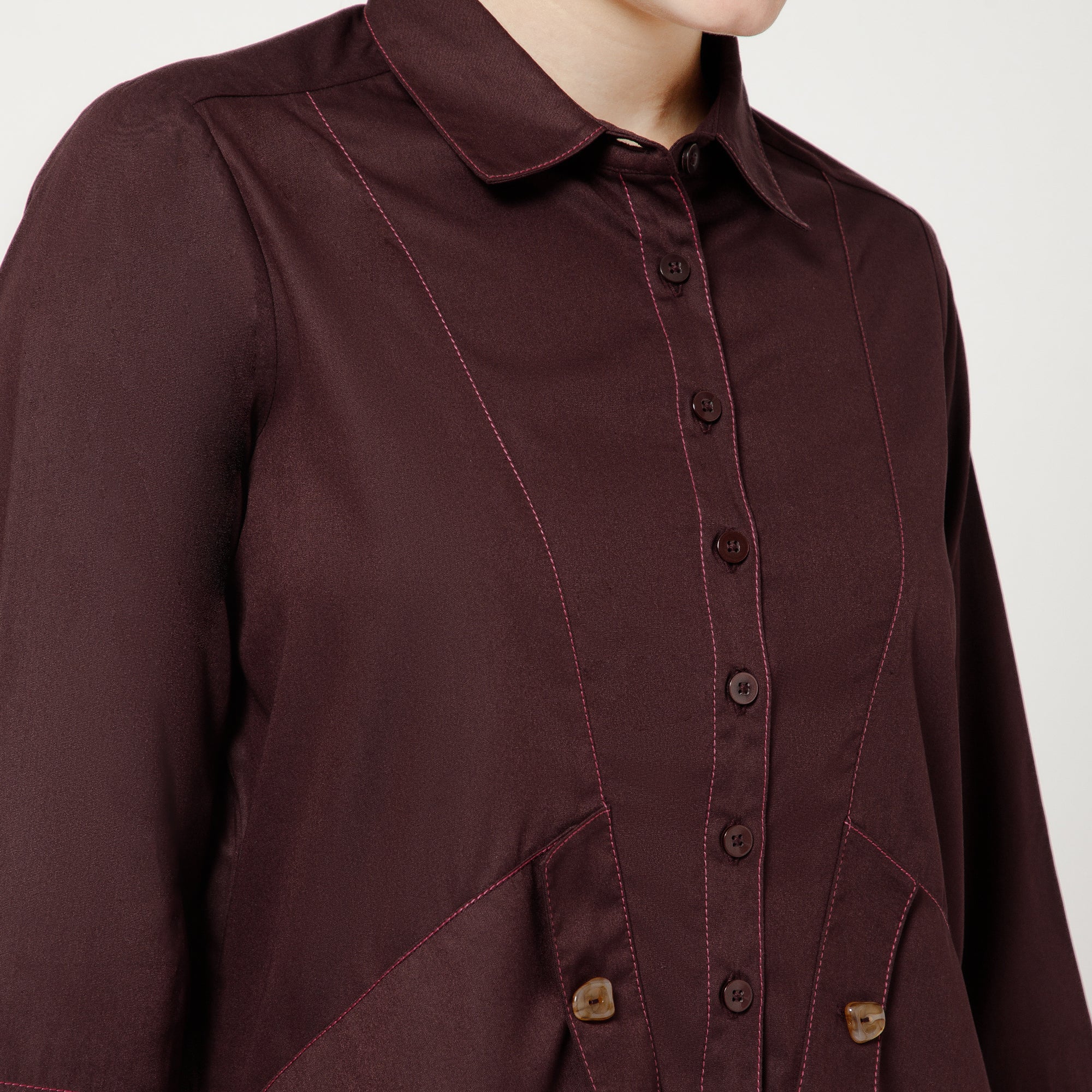 Prune Cotton Blend Kurta With Contrast Thread With Pocket