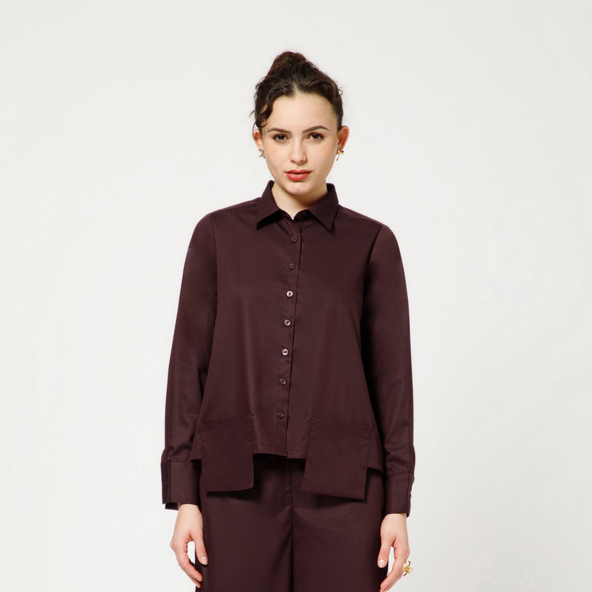 Prune Cotton Blend Boxy Shirt With Visible Pocket