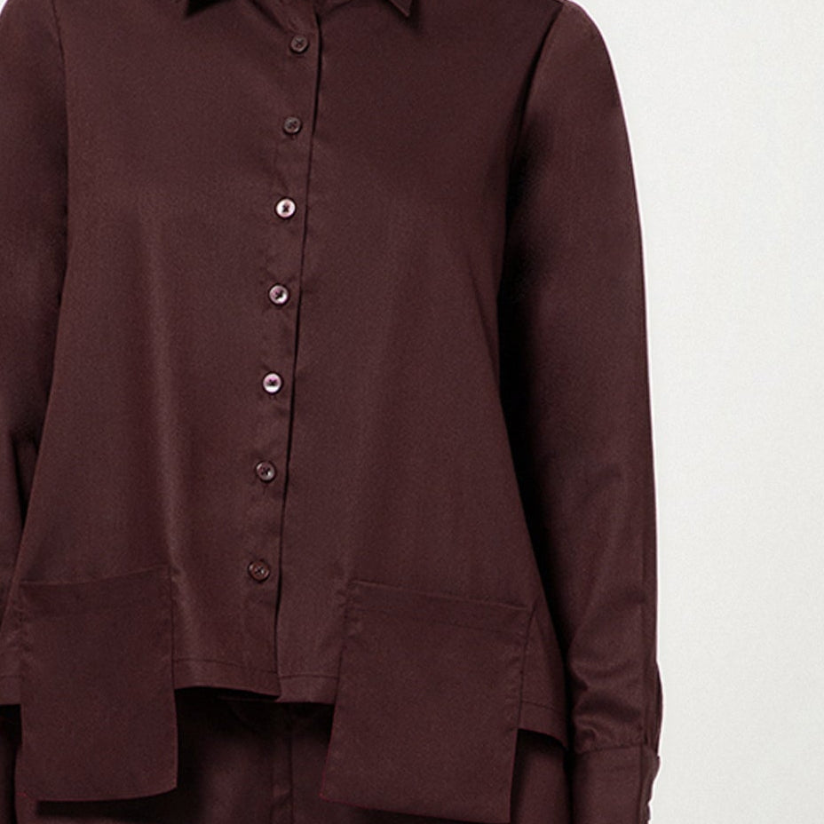 Prune Cotton Blend Boxy Shirt With Visible Pocket